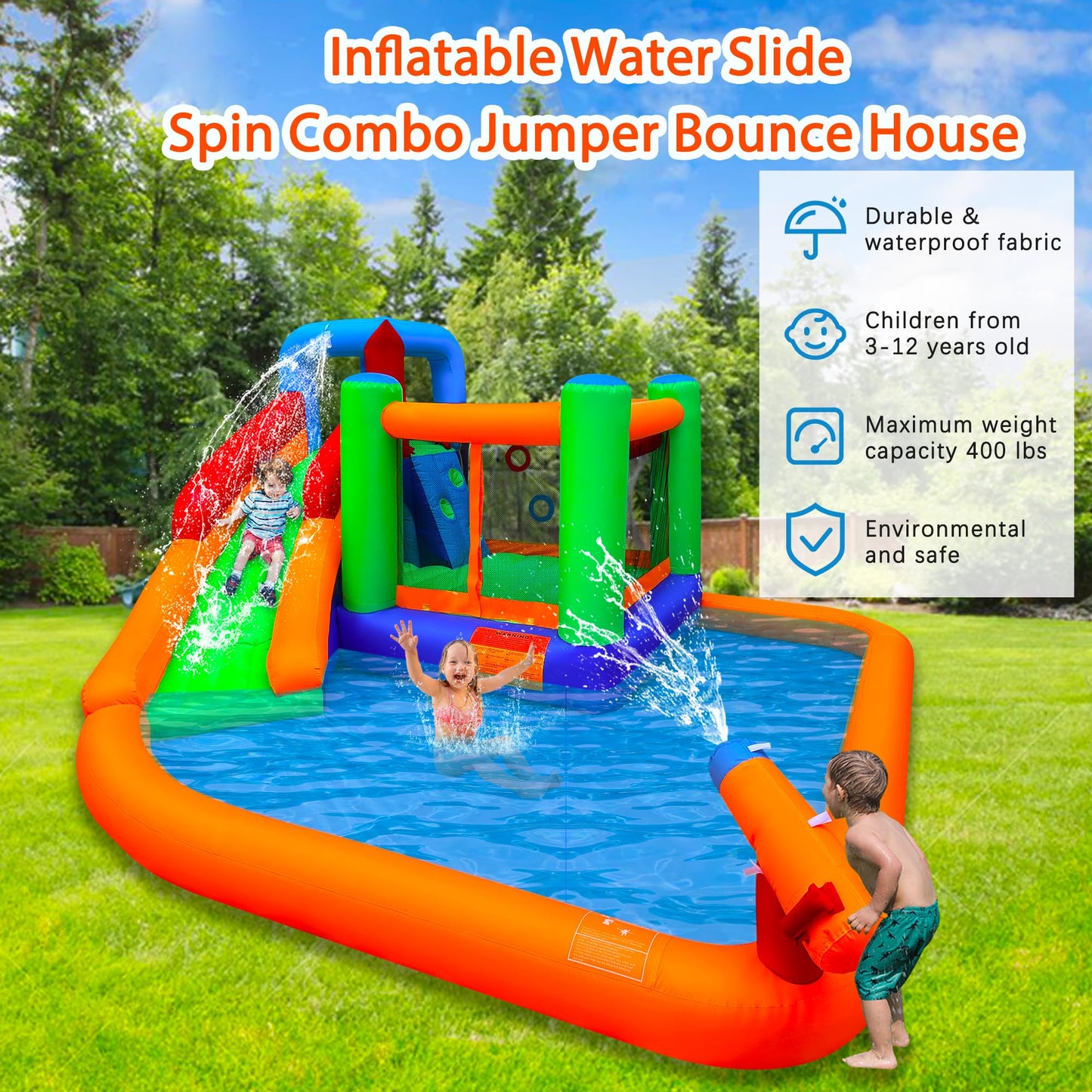 Inflatable Water Slide Spin Combo Jumper Bounce House with Large Slide, Bounce Area, Climbing Wall, Splash Pool, Water Cannon, Basketball Rim, Blower for Backyard Party