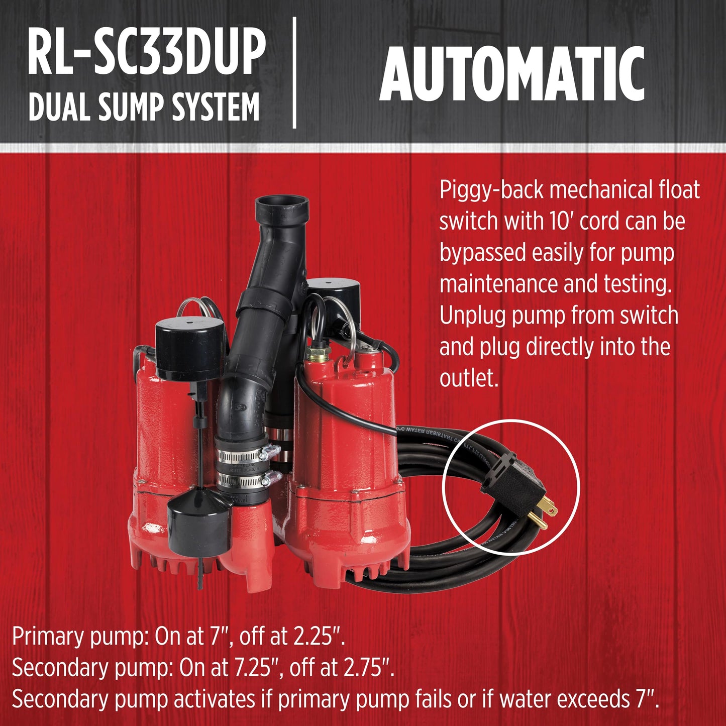 Red Lion RL-SC33DUP 115 Volt, 1/3 HP, 6000 GPH Dual Automatic Cast Iron Sump Pump System with 10-Foot Cord, Red, 14942771