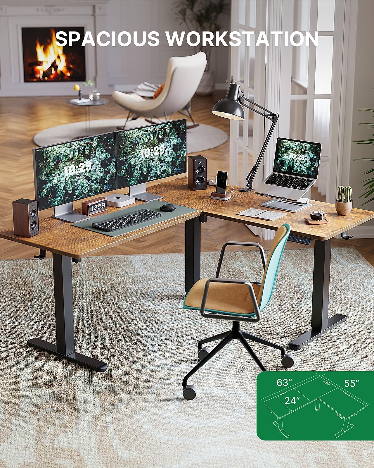 Marsail 63×55 in Electric Corner L-Shaped Standing Desk with 4-in 1 Electical Outlet, Computer Desk with Headphone Hook, Memory Sit Stand up Home Office Table, Ergonomic Gaming Table,Brown