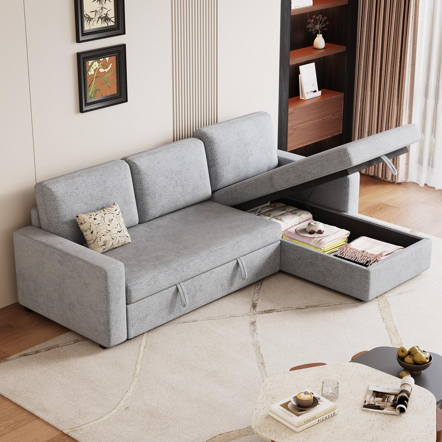 FAVSH 81-Inch L-Shape Sectional Couch, 4-in-1 Multifunctional Pull-Out Couch Sleeper Sofa with Storage Chaise & Removable Back Cushions, for Living Room/Office/Apartment (Light Gray)