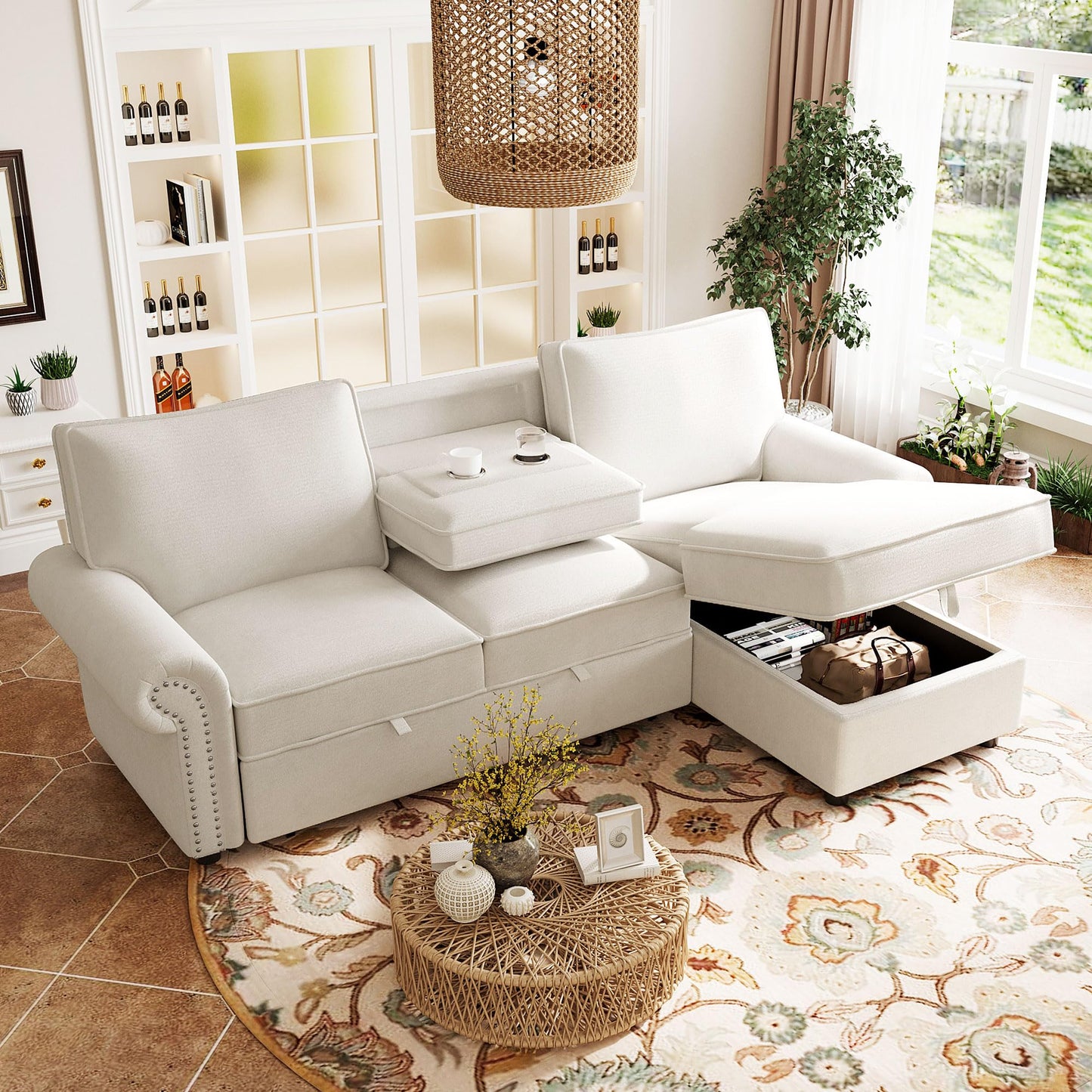 Merax 95" Convertible Sectional Sleeper Sofa with Pull Out Bed & Storage Chaise & Pull-Down Table | Acacia Wood Frame Couch Bed with Cup Holders & Nailhead Trim for Small Apartments & Guests, Beige