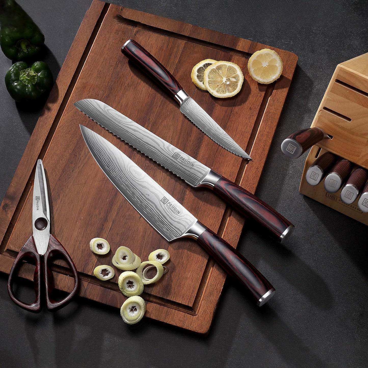 PAUDIN Kitchen Knife Set with Block, 14 Pieces Knife Sets for Kitchen with Block, High Carbon German Stainless Steel Sharp Chef Knife Set with Ergonomic Pakkawood Handle