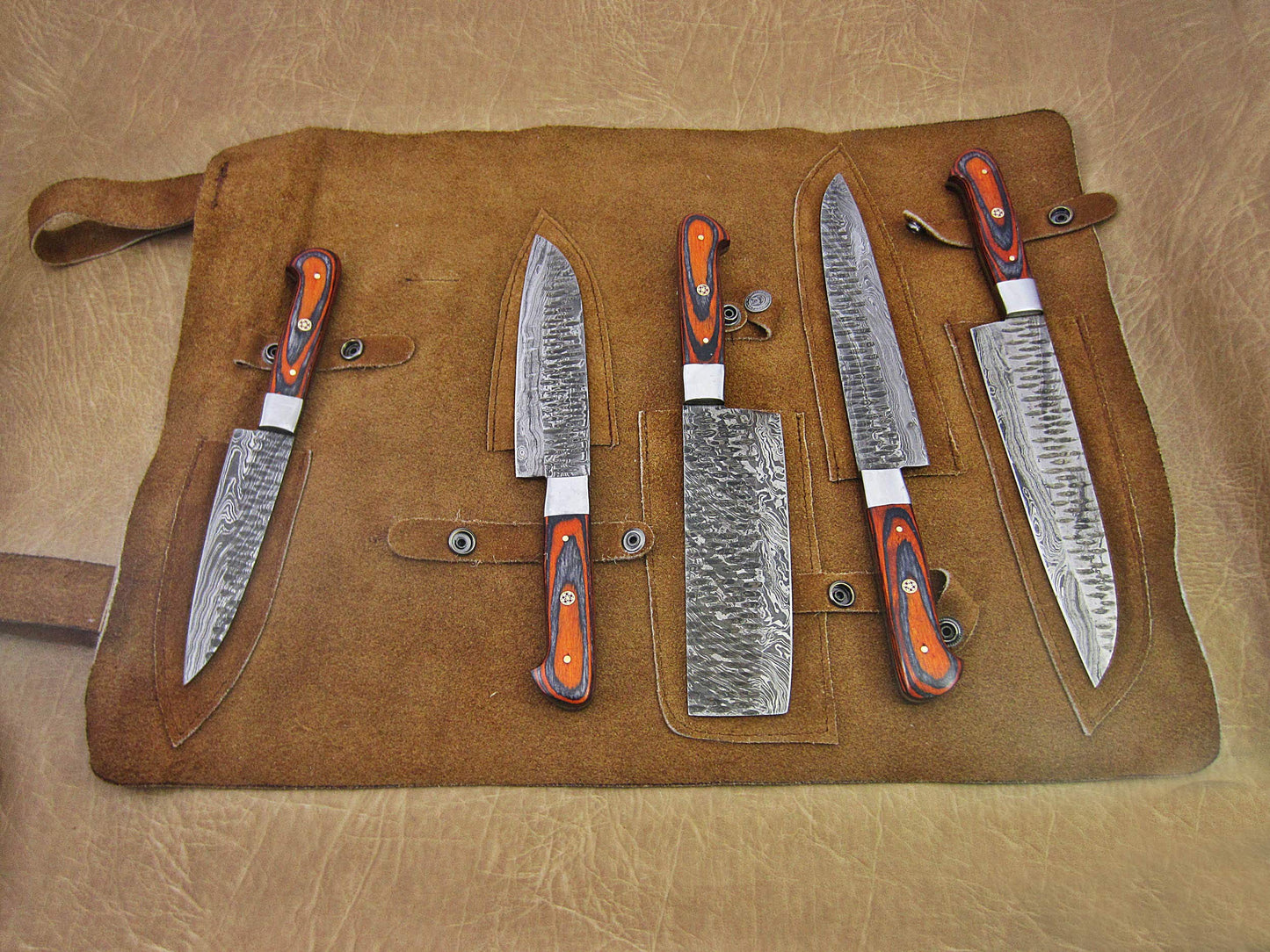 5 Pieces Damascus steel Hammered kitchen knife set, 2 tone Orange wood scale, 54 inches long sharp knives, Custom made hand forged Hammered Damascus steel blade, Goat suede Roll Leather sheath