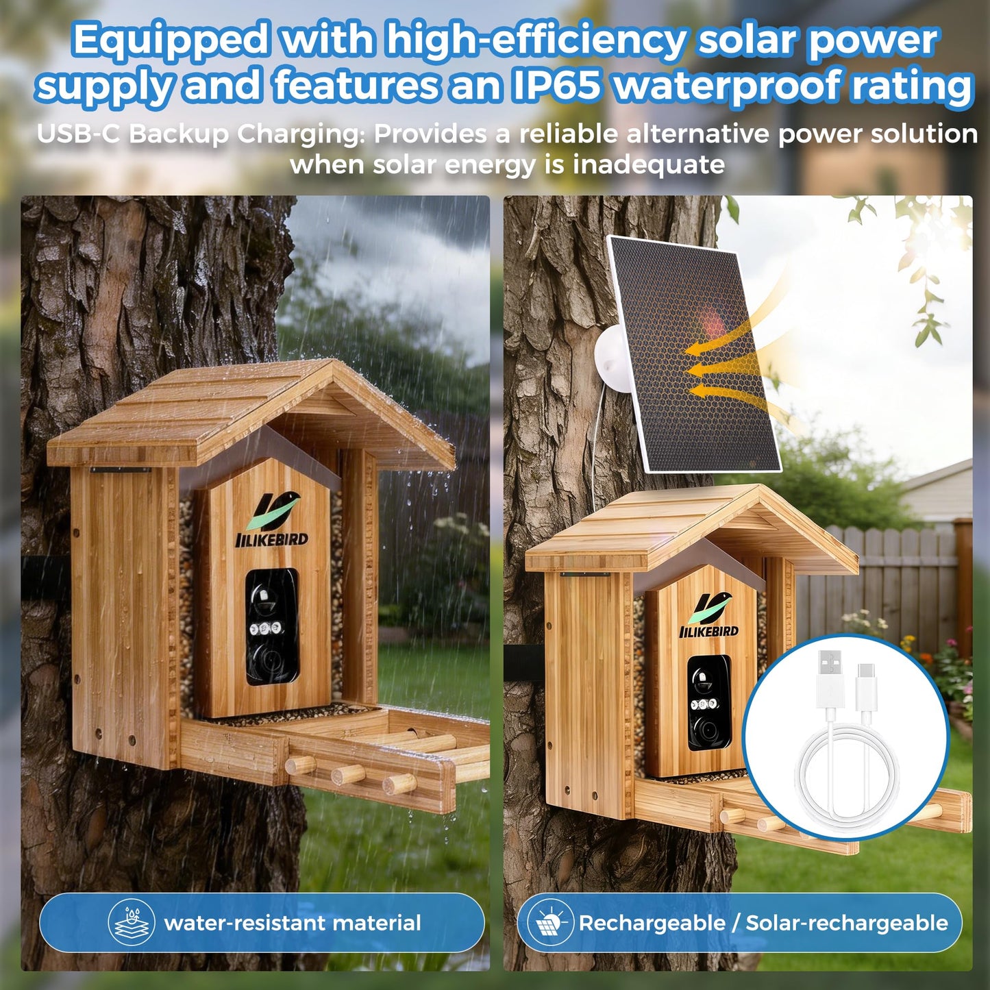 IILIKEBIRD Smart Bird Feeder with 4K Camera, 10000+ AI Bird Identification, Solar & USB-C Charging, IP65 Weatherproof, Wall/Pole Mount Small Bird Feeder for Outdoor Gardenf