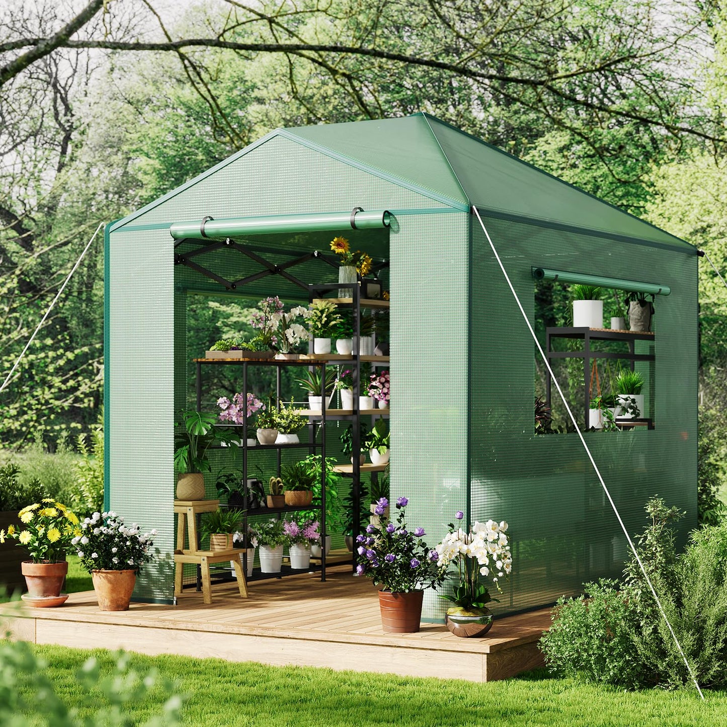 8x6 FT Walk in Green Houses for Winter, Popup Greenhouse Kit,Steel Frame Hot Houses, Roll-Up Zipper Door for Flowers, Vegetables, Saplings, Tropical Plants, Green