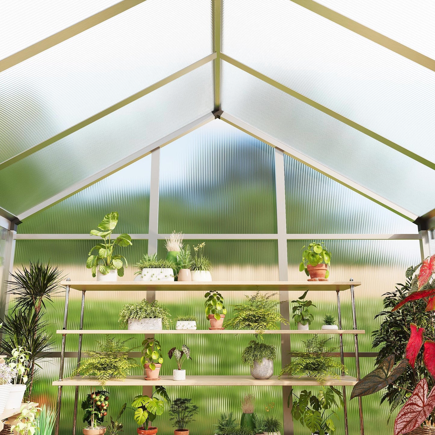 6X10FT Greenhouse, Aluminum Polycarbonate Green House, Green Houses for Outside with Sliding Doors, Outdoor Greenhouse with Ajustable Roof Vent, Withstands Bad Weather for Garden, or Backyard, Silver