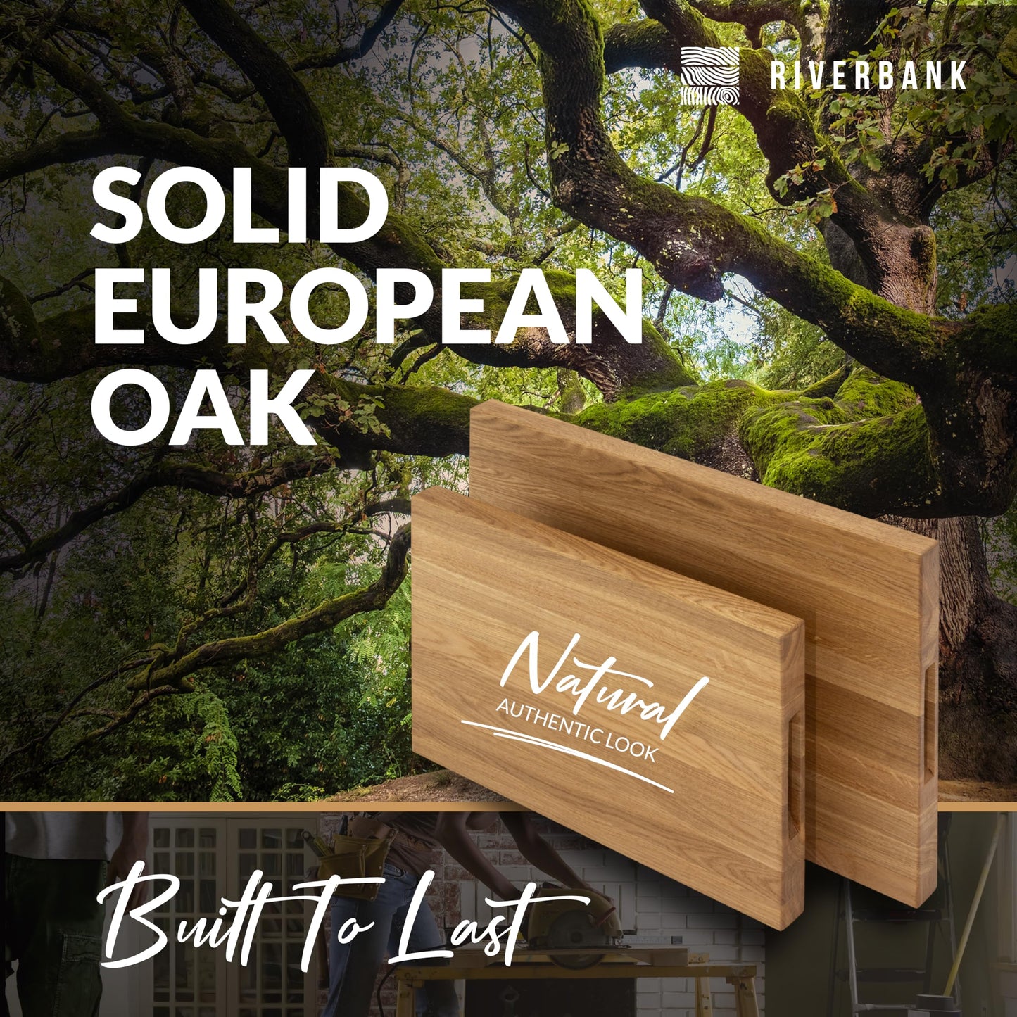 Riverbank Solid Wood Oak Butcher Block Cutting Board in Extra Large XL Size 24"x18"x1.5", Reversible Wooden Chopping Board with Handles, Gift Box Included