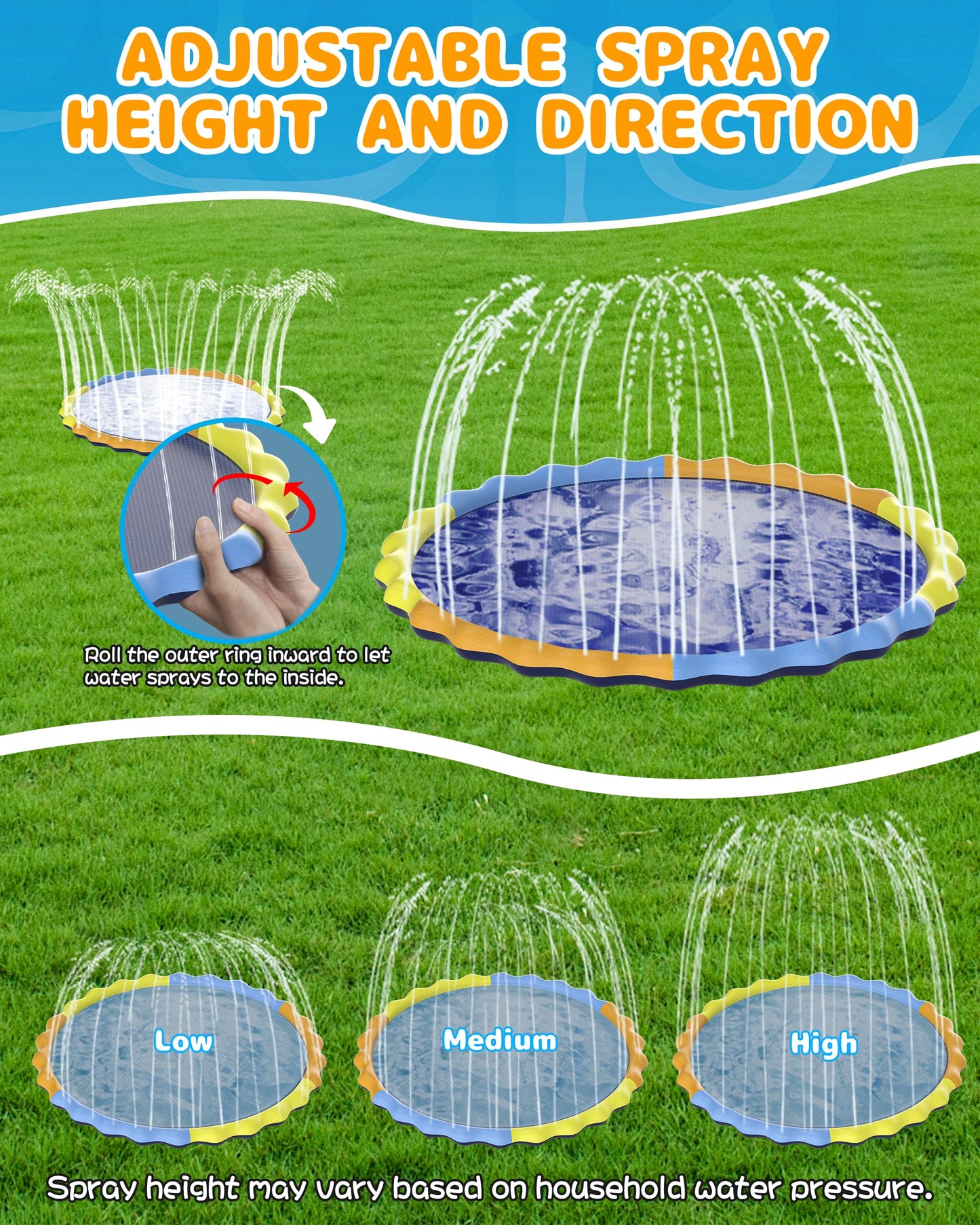 Instraella Splash Pad for Kids and Dogs, 124in Non-Slip Sprinkler Mat 0.5mm Thickened Durable and Foldable Large Pool Summer Fun Outdoor Toys for Dogs and Toddlers Age