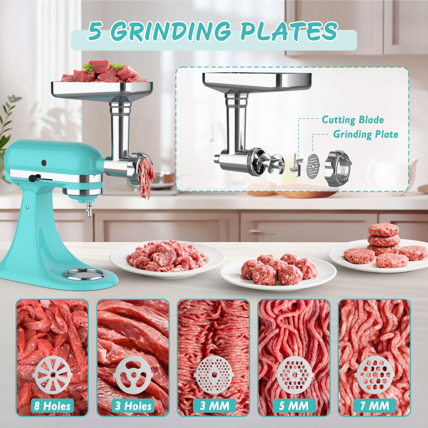 Metal Meat Grinder Attachments for Kitchen Aide Stand Mixers,16Pcs Meat Grinder Accessories Set,Sausage Stuffer,Replace KSMFGA KSMMGA Attachment for Kitchen Aid Standing Mixer,Easy to Use and Clean
