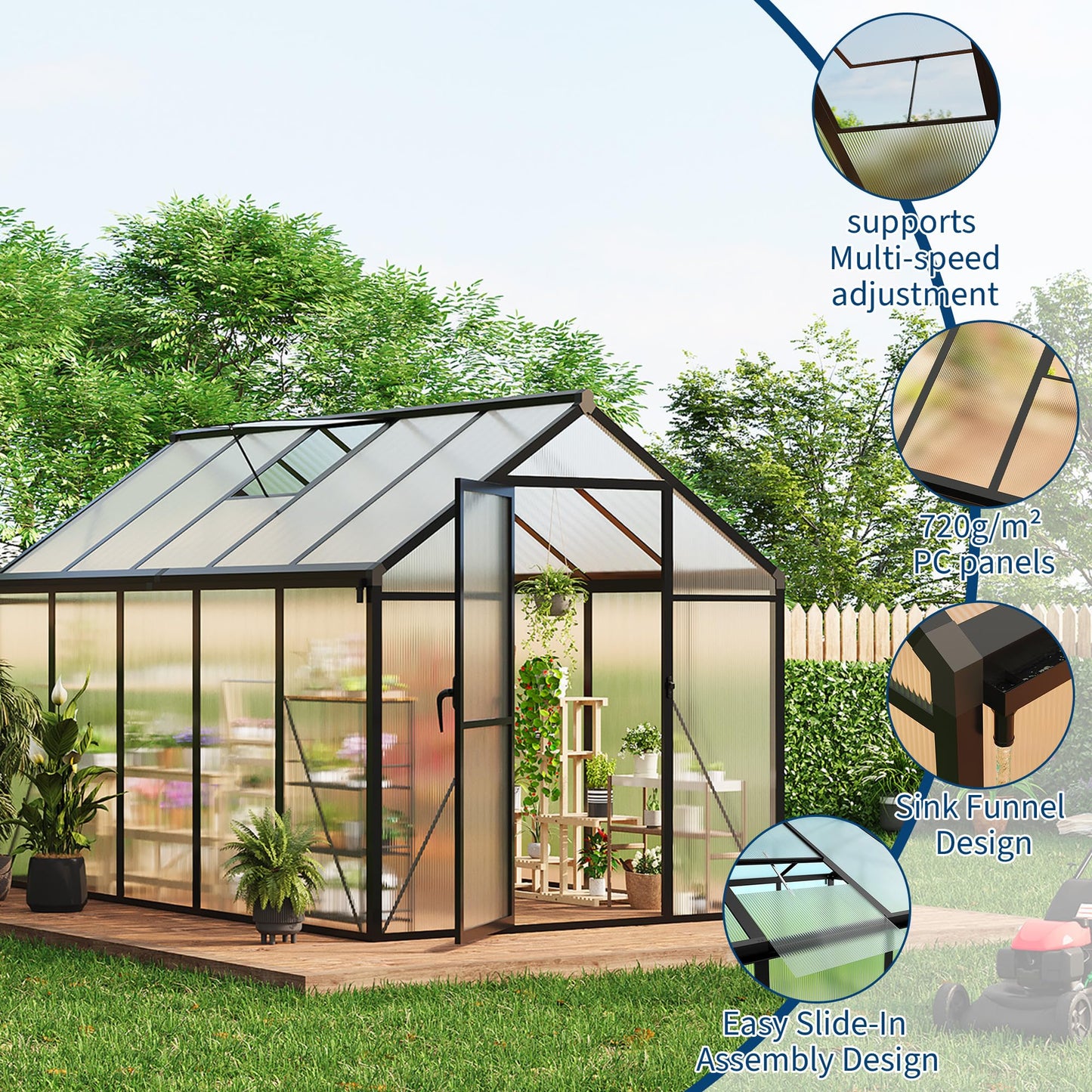 6×10 FT Greenhouse, Large Walk in Greenhouses for Outdoors and Garden Planting, Polycarbonate Greenhouse with Enhanced Aluminum Frame, Green Houses with Quick Setup Structure and Roof Vent, Black