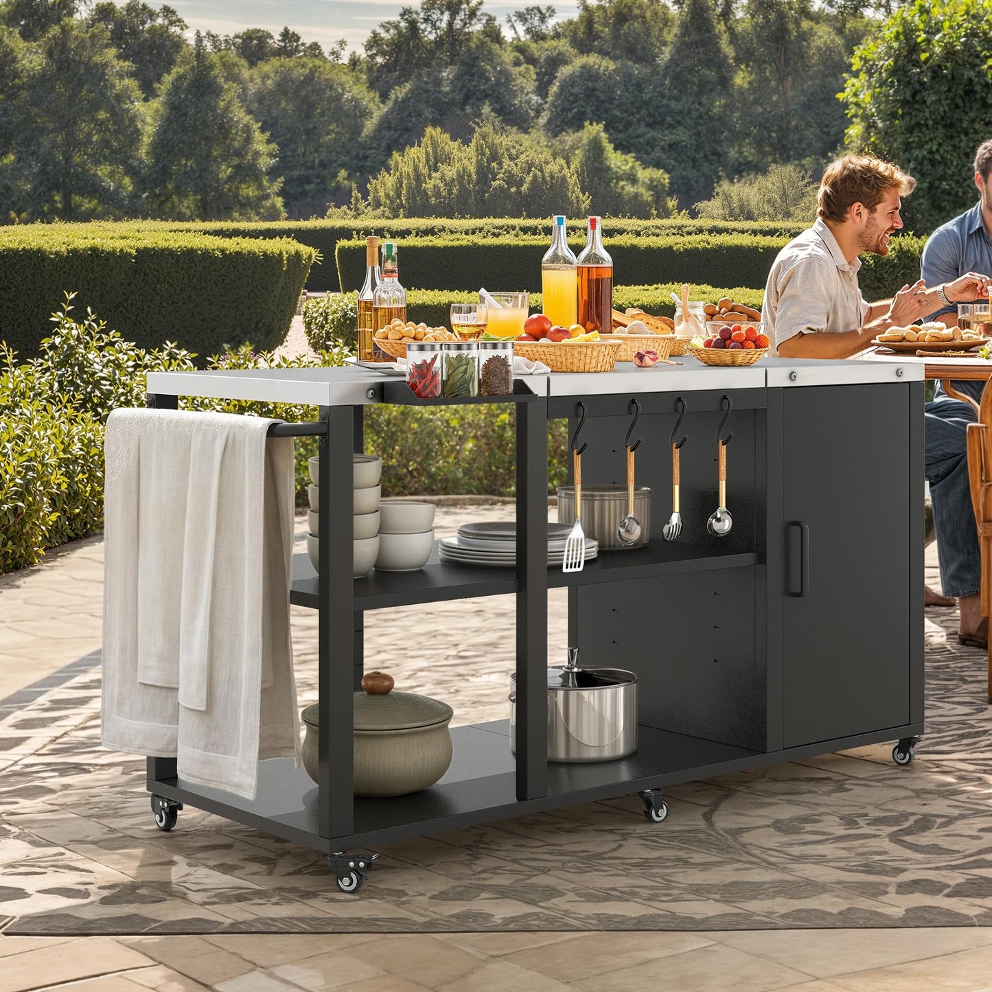 DWVO XL Outdoor Grill Table with Stainless Steel Tabletop, Grill Cart with Adjustable Storage Shelves, Spice Rack, Paper Towel Holder, and Trash Bag Holder, BBQ Prep Table for Parties