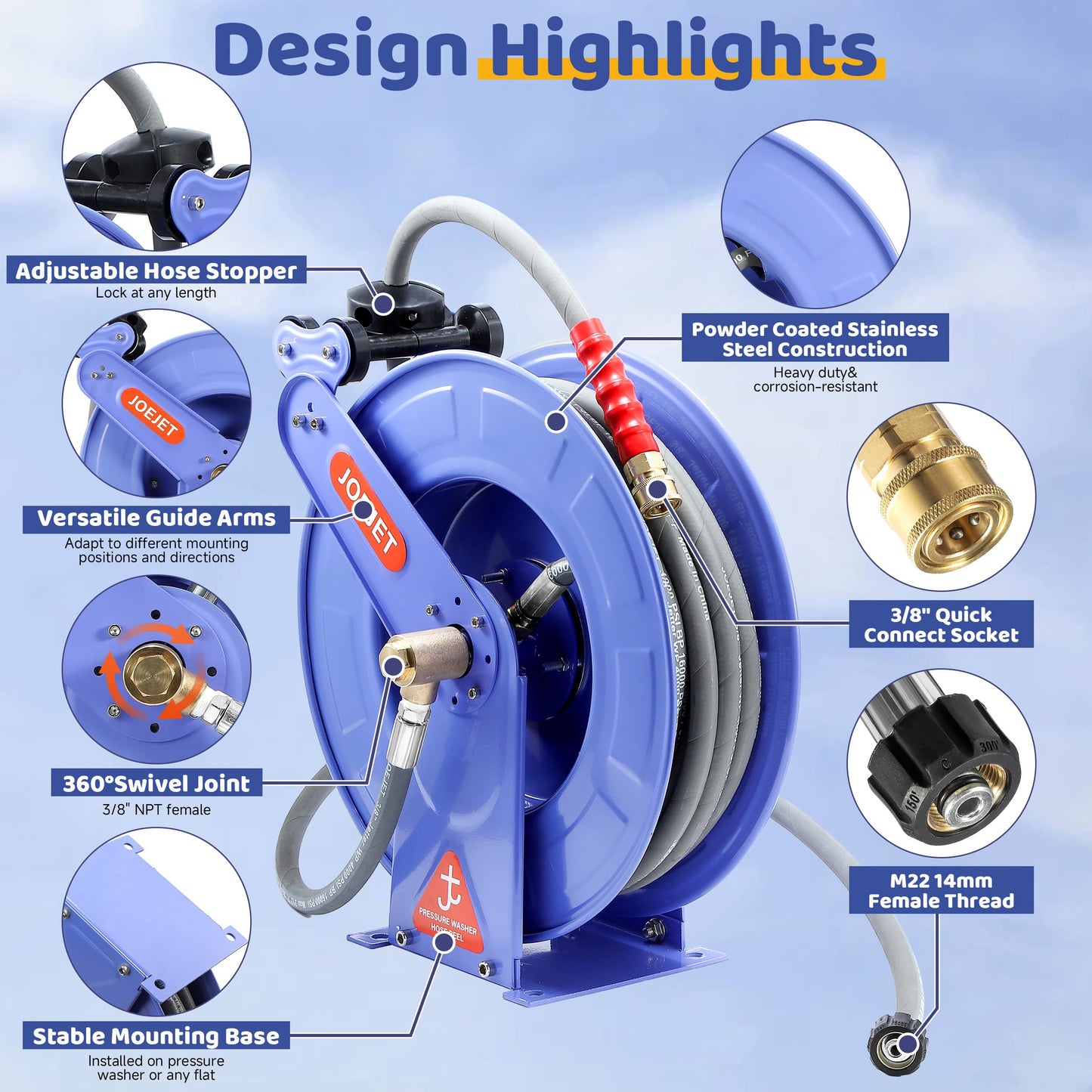 JOEJET Retractable Pressure Washer Hose Reel, 3/8" x 50 FT Power Washer Hose Reel with Hose, Wall/Floor Mounted, 4000 PSI, Blue
