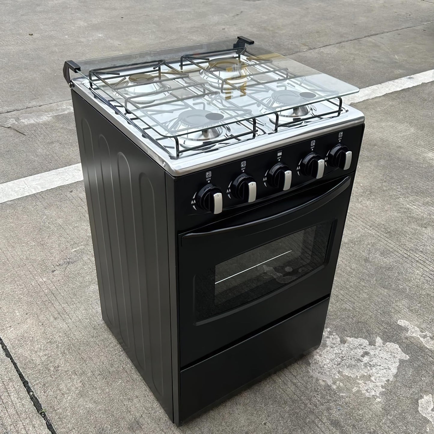 20" LPG Gas Stove - Equipped with 4 coil burners and Stainless Steel 50L Oven (Black: Automatic ignition)