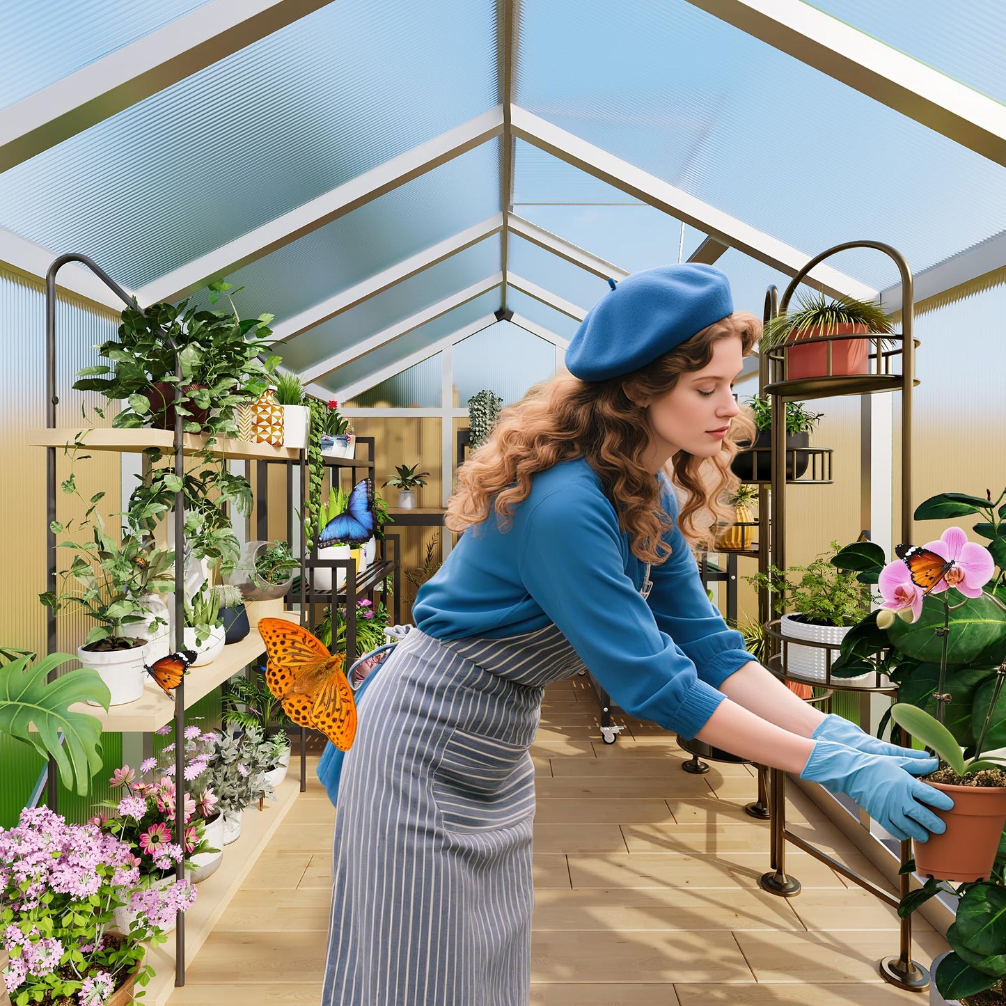 6X10 FT Greenhouse for Outdoors, Large Walk-in Polycarbonate Greenhouse Kit, Aluminum Frame, Lockable Door, Roof Vent, Ground Spikes, for Garden, Patio, Backyard, Outdoor Plant Growth