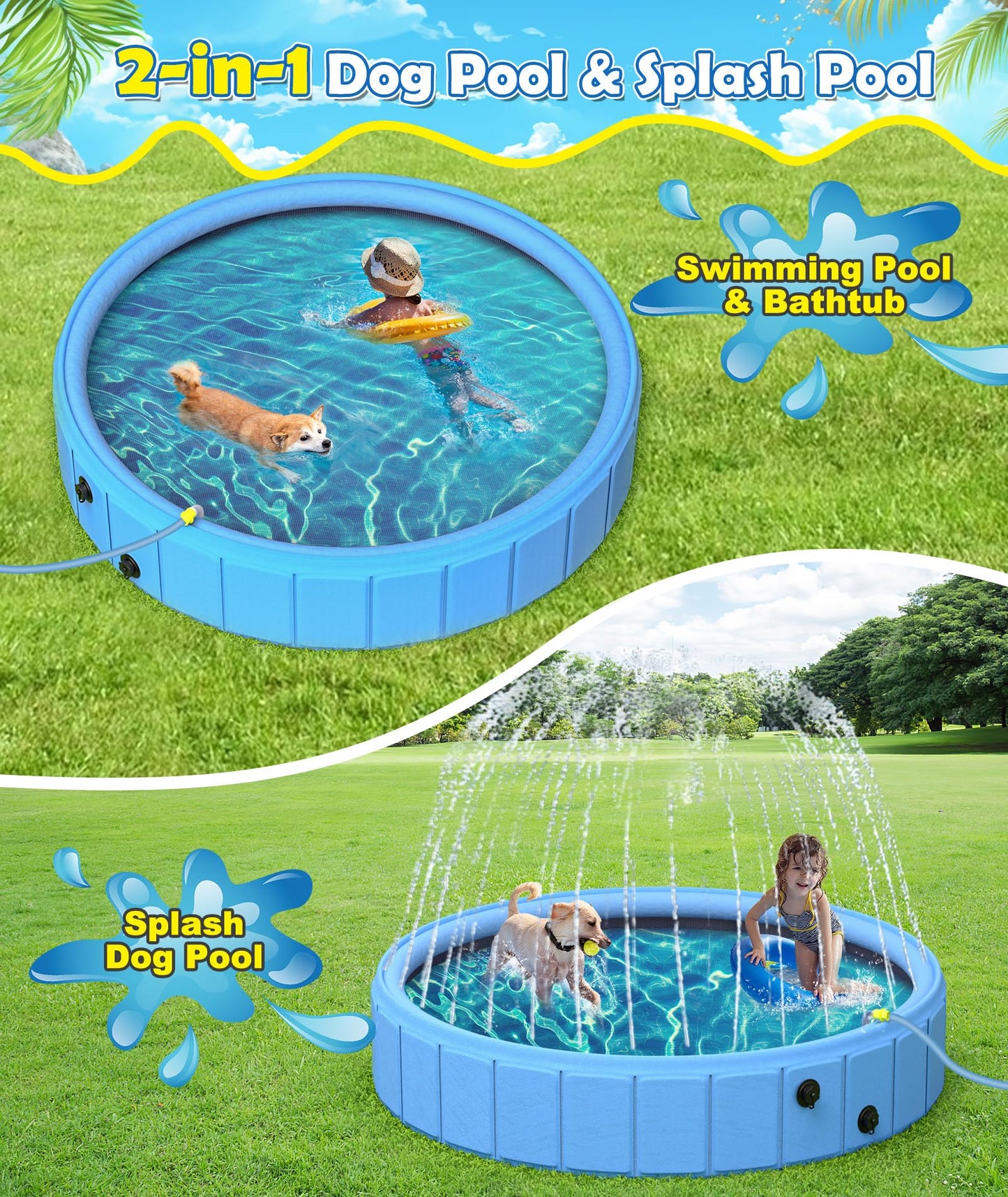 EPN Large Foldable Dog Pool – 0.55MM PVC 2-in-1 Portable Bathtub & Sprinkler for Dogs, Cats, Kids – Heavy Duty, Non-Slip, Summer Water Toy (79 in)