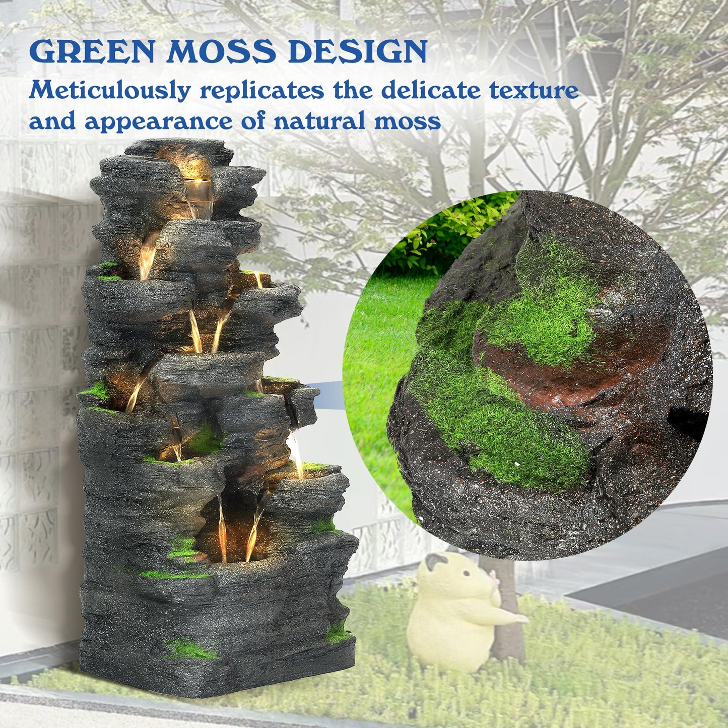 TOBYUL Garden Waterfall Fountain Outdoor - Water Fountains and Waterfalls, Outdoor/Indoor Floor Standing Resin Water Fountain with LED Light for Patio, Garden and Backyard, Deck, Porch, Home (40" H)
