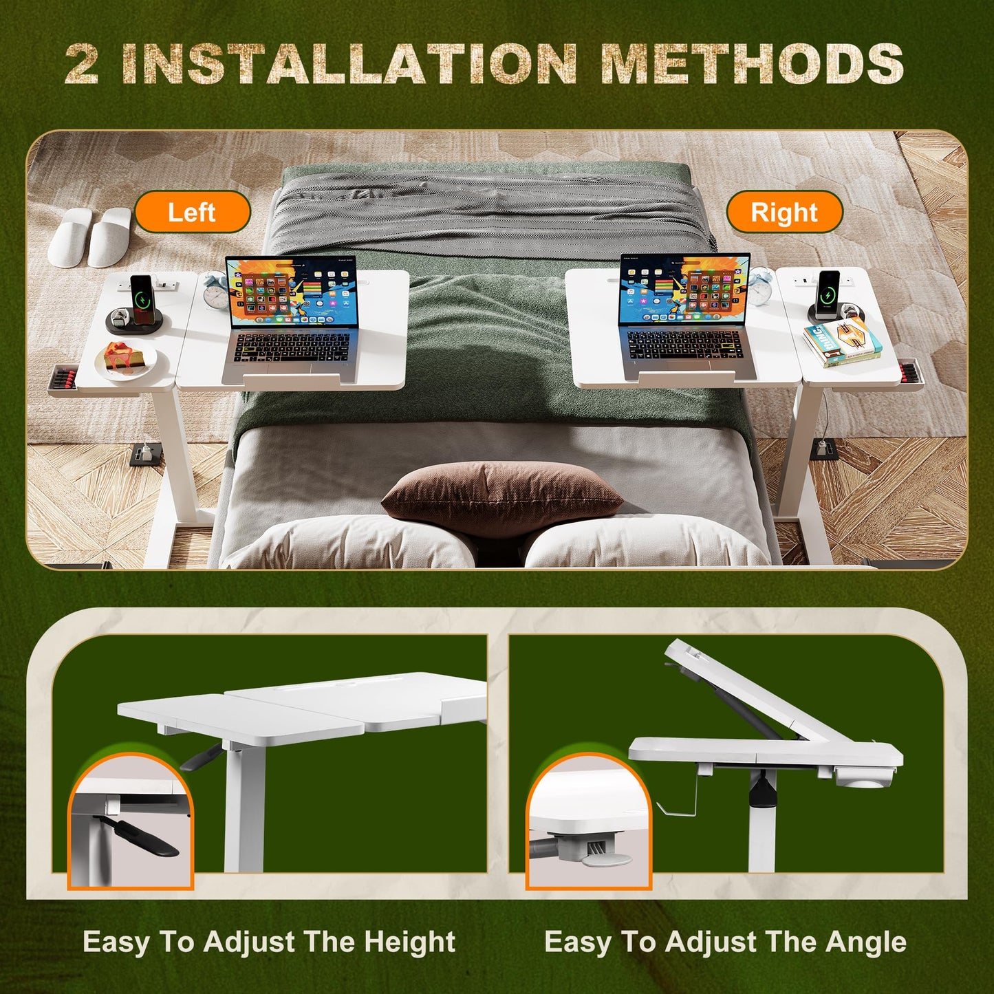 EKNKOZY Standing Desk, Medical Overbed Table with Rolling Tray and Power Outlet, Dual Pneumatic Angle and Height Adjustable Desk, Portable Side Table with Drawer, Home & Hospital Use, White