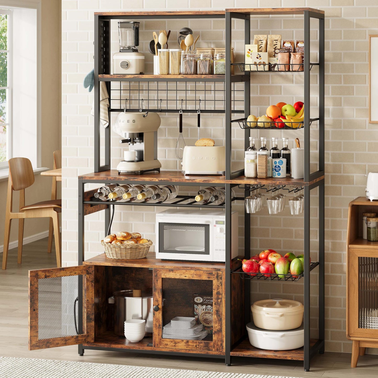 IRONCK Bakers Rack with Power Outlet & Storage, 45.5" W Coffee Bar Cabinet with Wine Rack & Pegboard, Industrial Microwave Stand with 10 Hooks & 3 Wire Basket, Kitchen Shelves, Rustic Brown