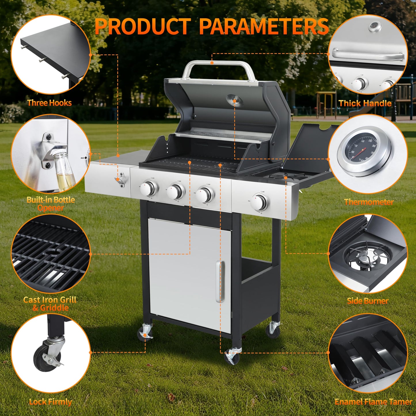 IdeaMaxx 3-Burner Propane Grill for Backyard - 37,230 BTU BBQ with Side Burner, Porcelain Cast Iron Grates, Stainless Steel Outdoor Grill for Camping & Tailgating, Fast Heating