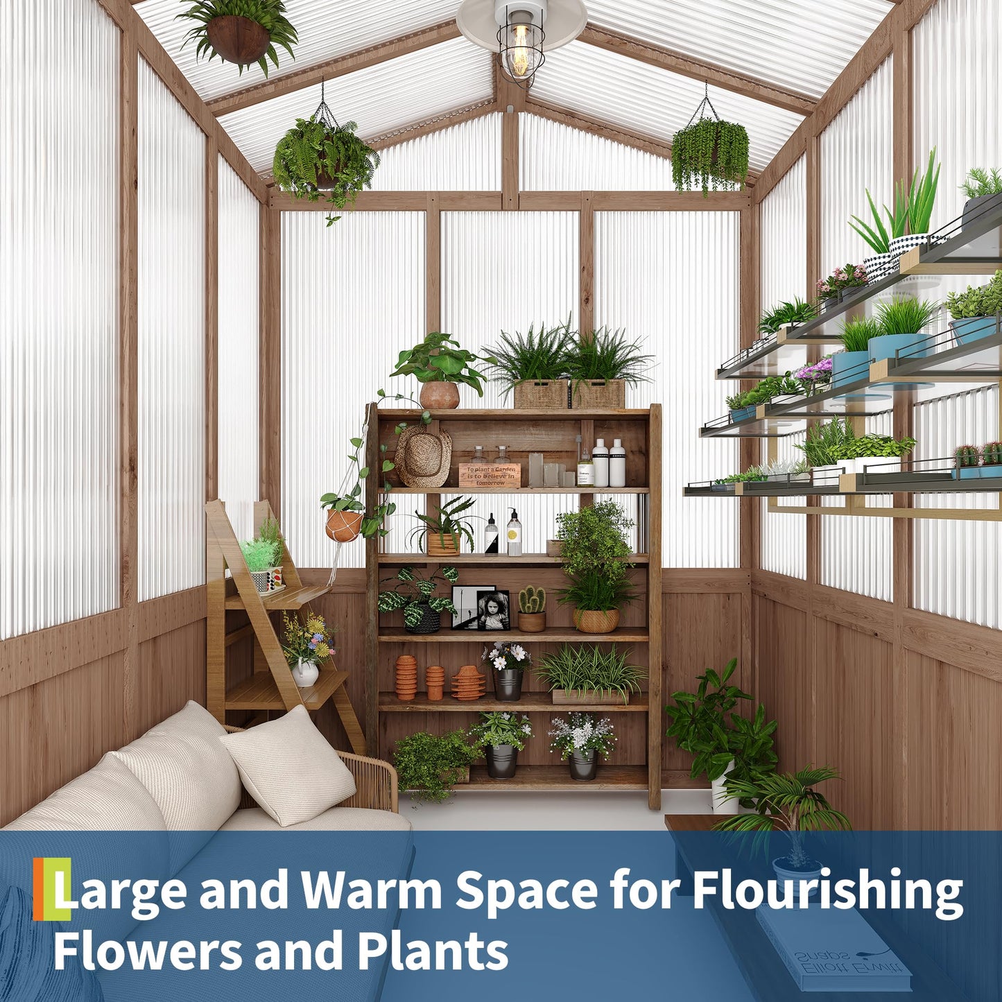 6x8FT Wooden Greenhouses for Outdoors, Wooden Walk-in Green House with Cedar Frame, Greenhouse Kit with 6MM Thick Polycarbonate Panel