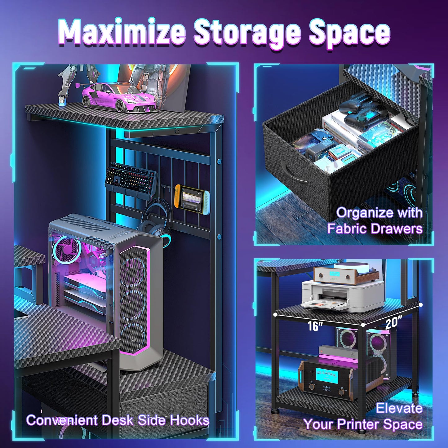 DurayLoly 55" Gaming Desk with LED Lights & Outlets,Computer Desk with Drawers & Monitor Stand,Gaming Table with Storage Shelves & Printer Space for Game Room,Study Room,Home Office,Bedroom,Black