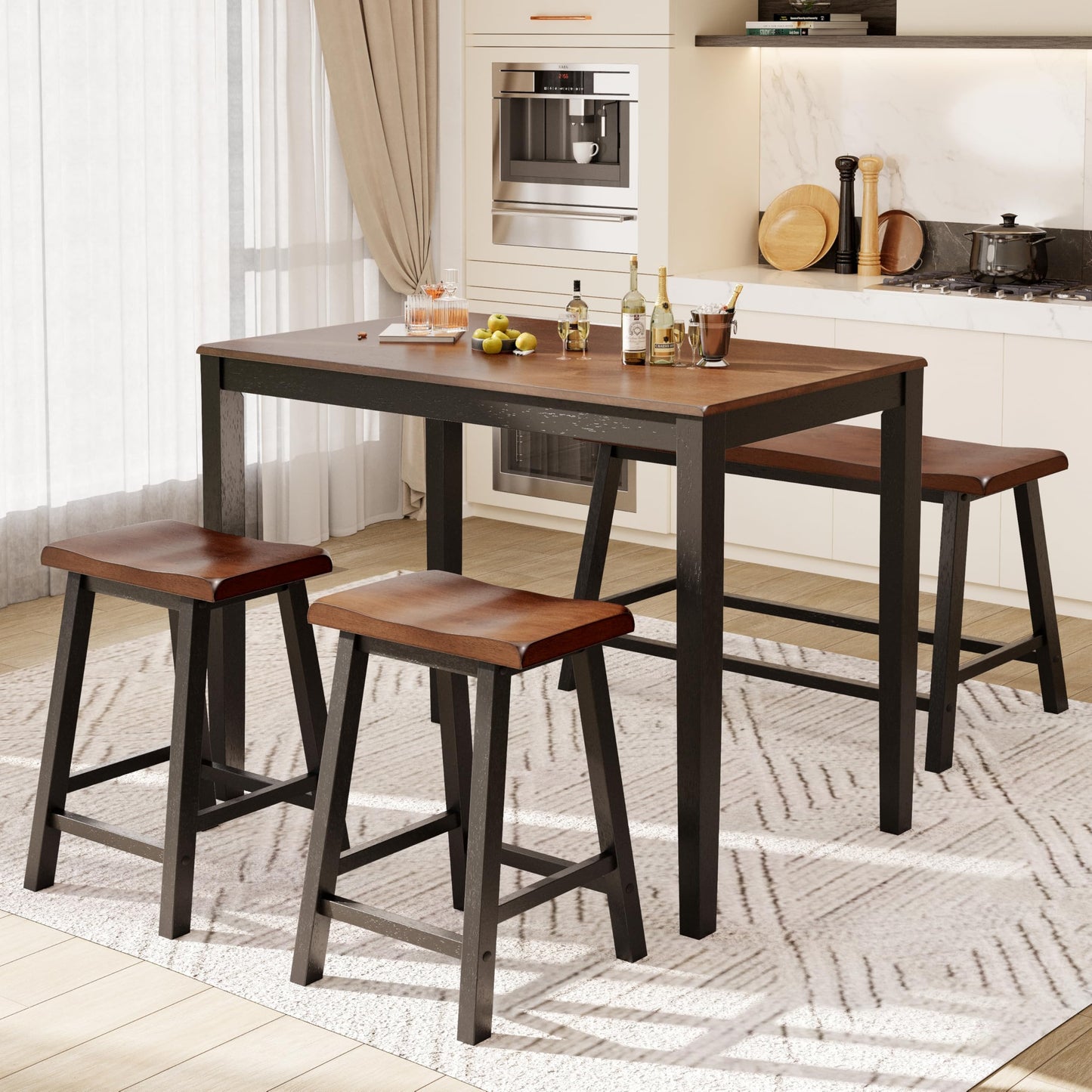 PHI VILLA Counter Height Table and Chairs, Solid Wood Dining Table Set for 4, High Top Kitchen Table Chairs Set of 4, Farmhouse Kitchen Table Set with Bench and Chairs, Walnut with Black