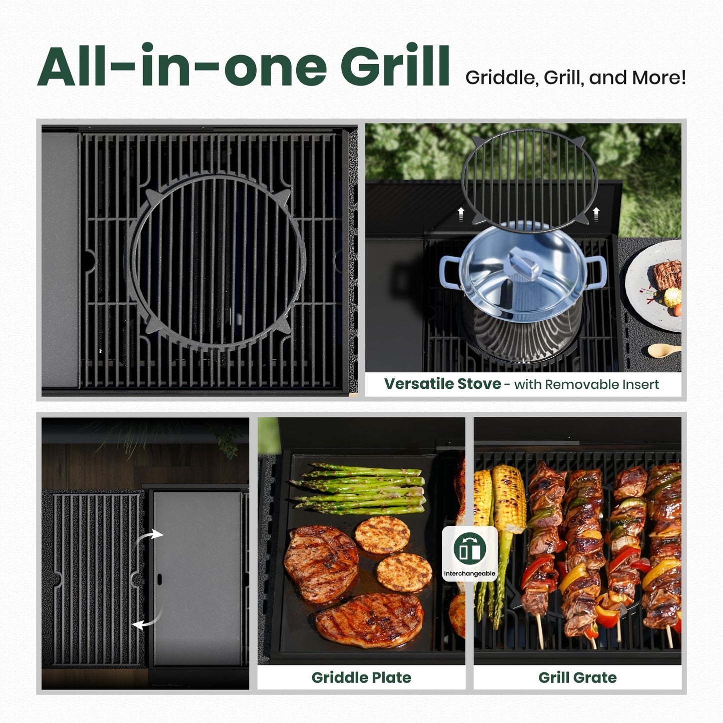 3 in 1 Propane Griddle Grill Stove Combo,4-Burner Propane Gas BBQ Grill with Porcelain-Enameled Cast lron Grates & Plate, 52,000 BTU Barbecue Combo Grill for Outdoor Cooking Camping Patio Backyard