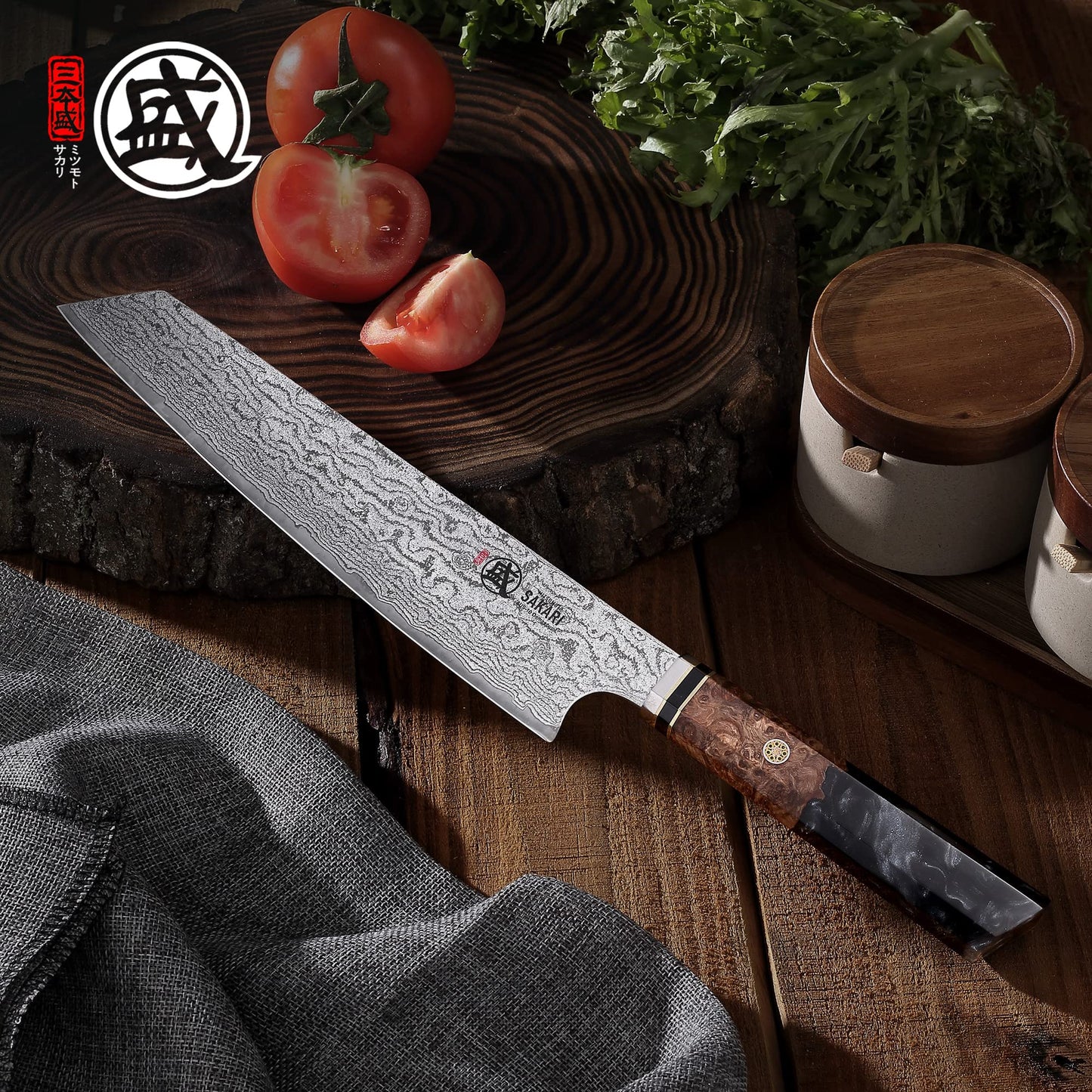 MITSUMOTO SAKARI 8 inch Kiritsuke Chef Knife & Japanese Sushi Knife, Hand Forged AUS-10 Damascus Steel with Shadowwood Handle & Sandalwood Box