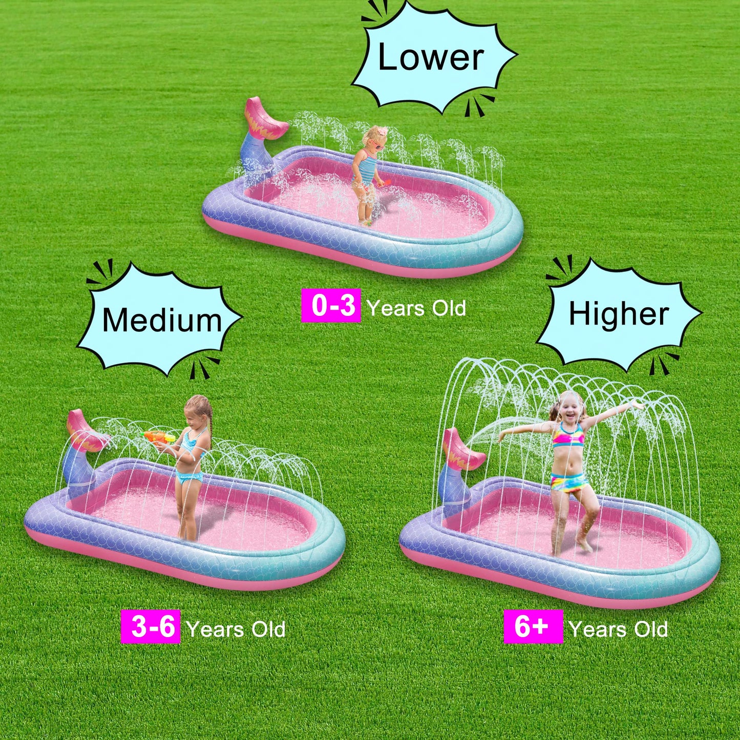 Ancesfun 65" Mermaid Splash Pad & Sprinkler for Kids, Large Outdoor Water Play Mat Summer Inflatable Wading Pool, Fun Sprinkler Water Toys for Toddlers Babies Boys Girls Age 3+ -Pink