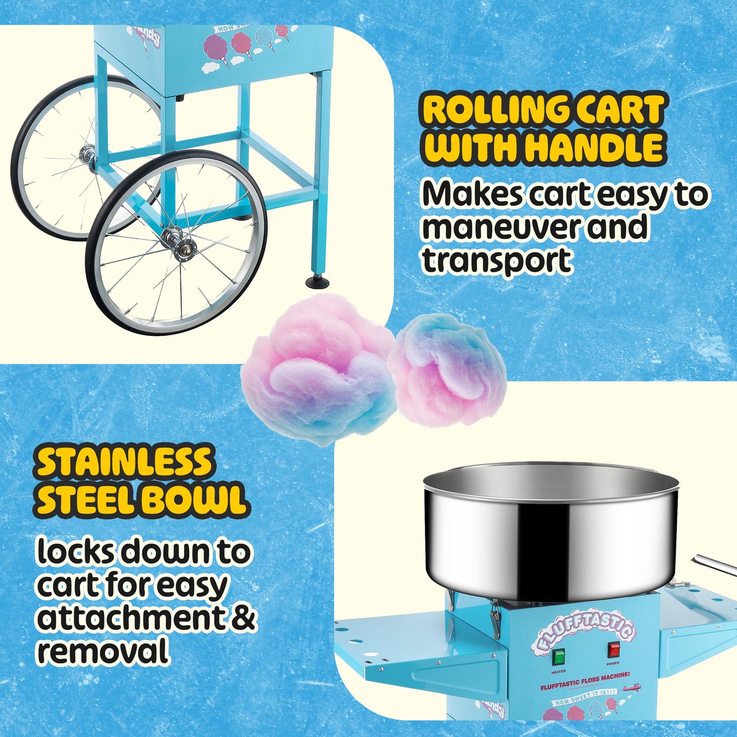 Cotton Candy Machine With Cart – 1000W Flufftastic Floss Maker With Stainless-Steel Pan, Side Trays, And 13in Wheels By Great Northern Popcorn (Blue)