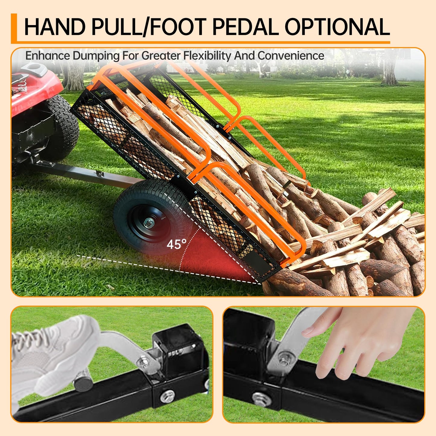 Heavy Duty Dump Cart ATV/UTV Trailer,1600 Lbs 15 Cubic Feet,Garden Trailer Pull Behind with Removable Sides & All Terrain Tires,for Lawn Tractor, Mower, Garden,Orange