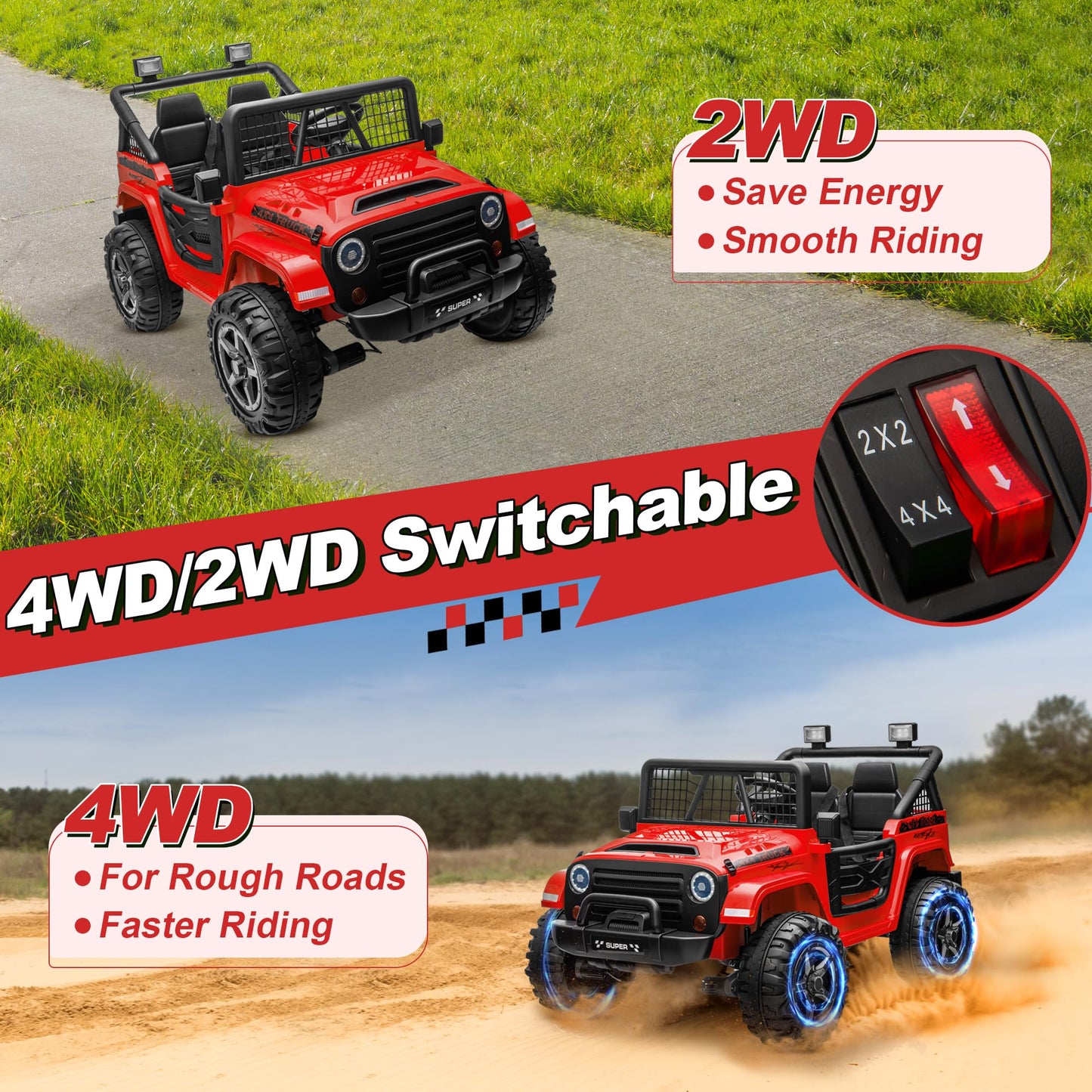 ANRLI 24V XL Ride on Car with Remote Control, 2 Seater 4WD/2WD Switchable Electric Car for Kids w/20 Inch Wide Seat, Gift Flower, 4X200W Power Car Wheels 24 Volt Big Trucks for Boys Girls, Red
