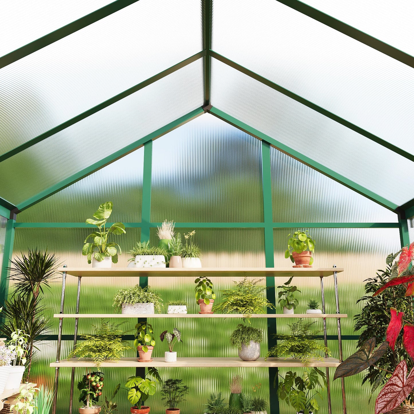 6X6 FT Greenhouse for Outdoors, Large Walk-in Polycarbonate Greenhouse Kit, Aluminum Frame, Lockable Door, Roof Vent, Ground Spikes, for Garden, Patio, Backyard, Outdoor Plant Growth