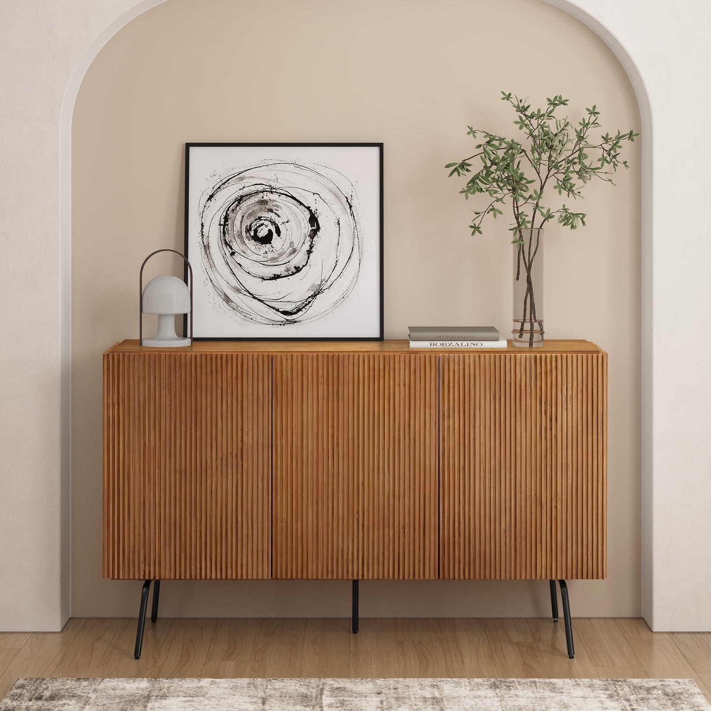 NTC Veil Modern Sideboard with 3 Doors, Buffet Cabinet with Vertical Groove Design and Metal Legs, Storage Cabinet for Living Room, and Hallway, Effortless Assembly, Teak Look