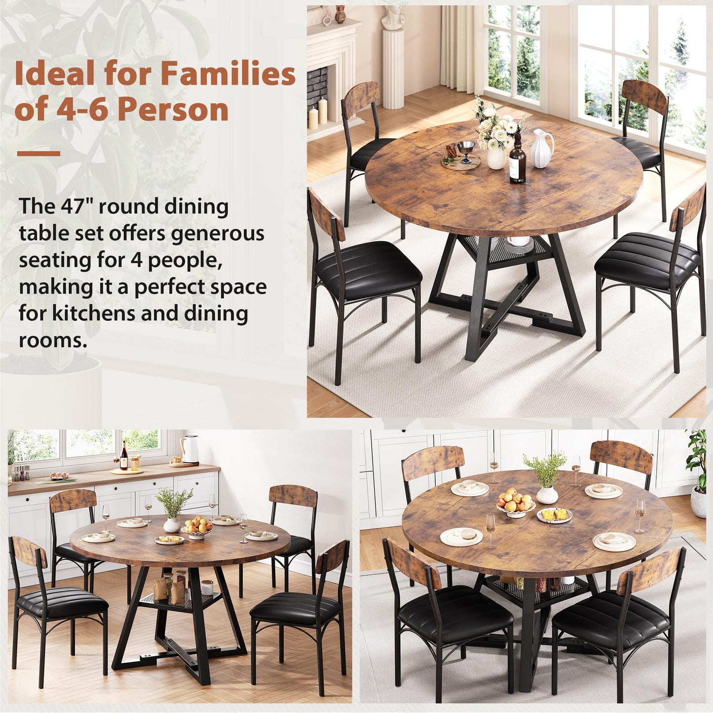 Dining Table Set for 4,Kitchen Table and Chairs for 4, Round Dining Room Table with Upholstered Chairs, 5 Piece Space Saving Circle Wood Kitchen & Dining Room Dinner Dinette Table Set (Vintage, 47In)