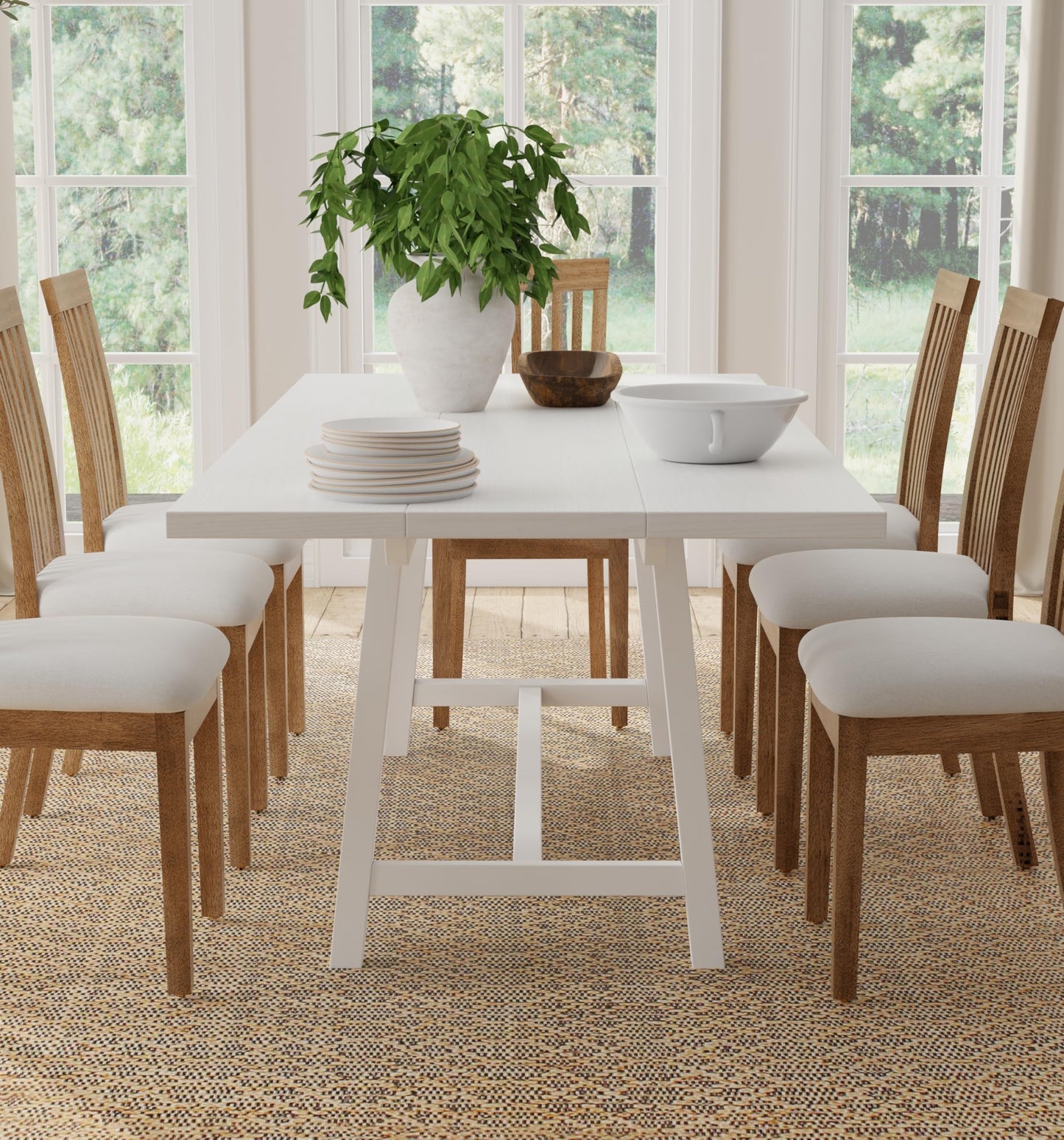 ComfIQ 84" Harthwell Solid Wood Frame Modern Farmhouse Dining Table, Comfortable Seats 6 to 8 Chairs in White, Easy-Assembly