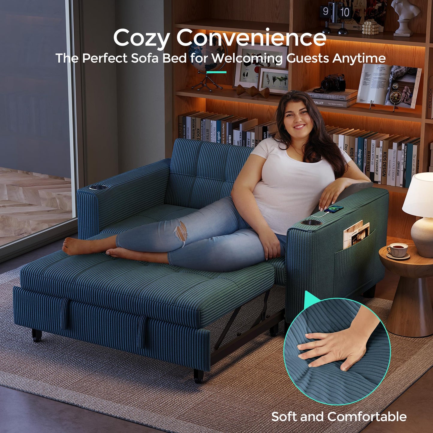 LINSY Sleeper Sofa Bed, 54" Pull Out Couch with Charging Station & Cup Holder, Small 3 in 1 Convertible Loveseat Sleeper Couch for Apartment, Dorm Room, Bedroom and Small Space, Corduroy Blue