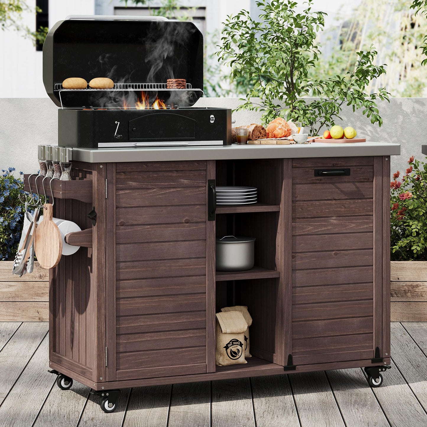 Merax 78.3" Outdoor Kitchen Island with Foldable Grill Table, Solid Wood Grill Cart with Storage & Stainless Steel Top, Bar Cart for Lawn & Garden, Dark Brown