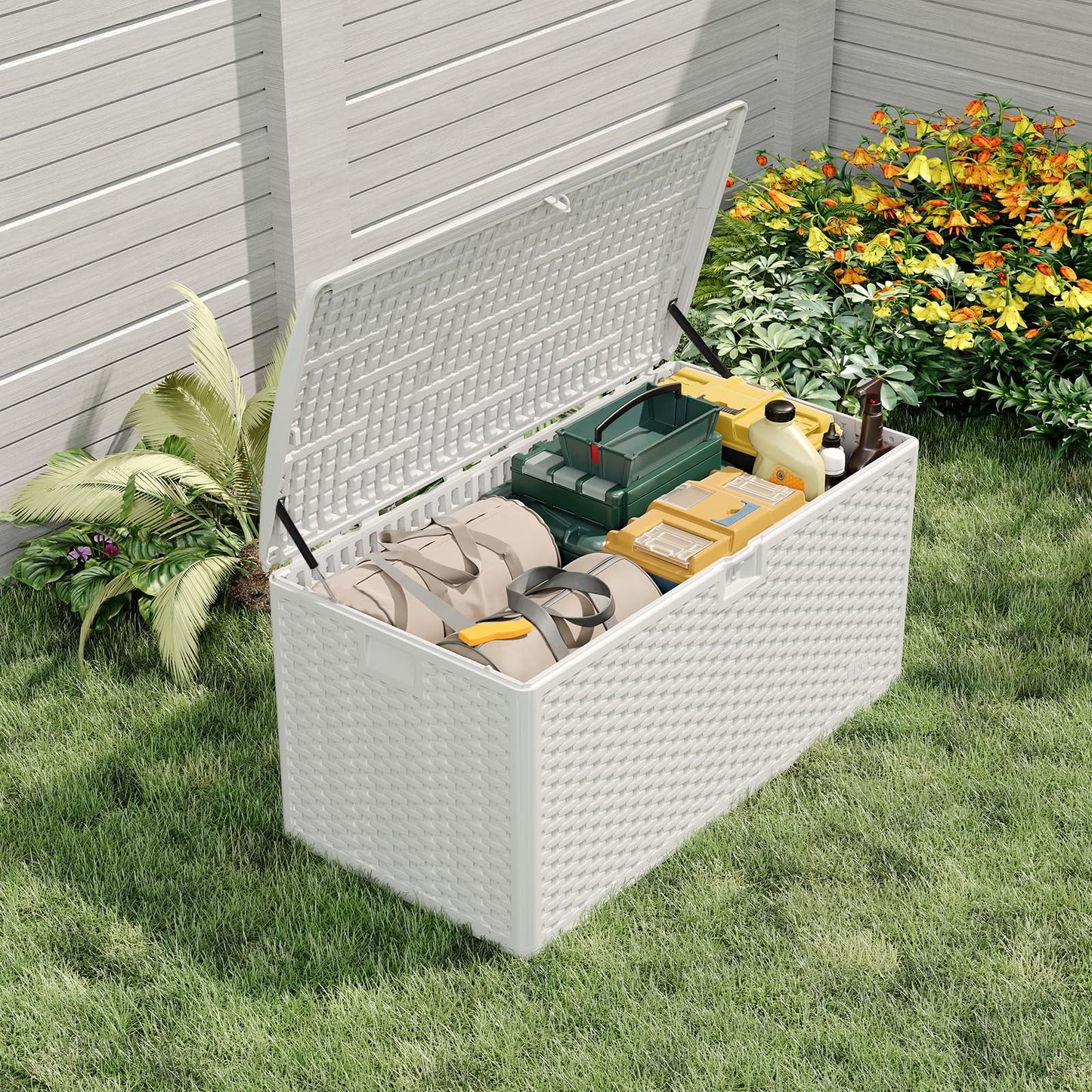 Garvee 120 Gallon Waterproof Large Resin Deck Box Indoor Outdoor, Lockable Storage Container for Patio Furniture Tools, Waterproof Deck Box with Hydraulic Rod Patio Storage Bin for Pool Garden, White