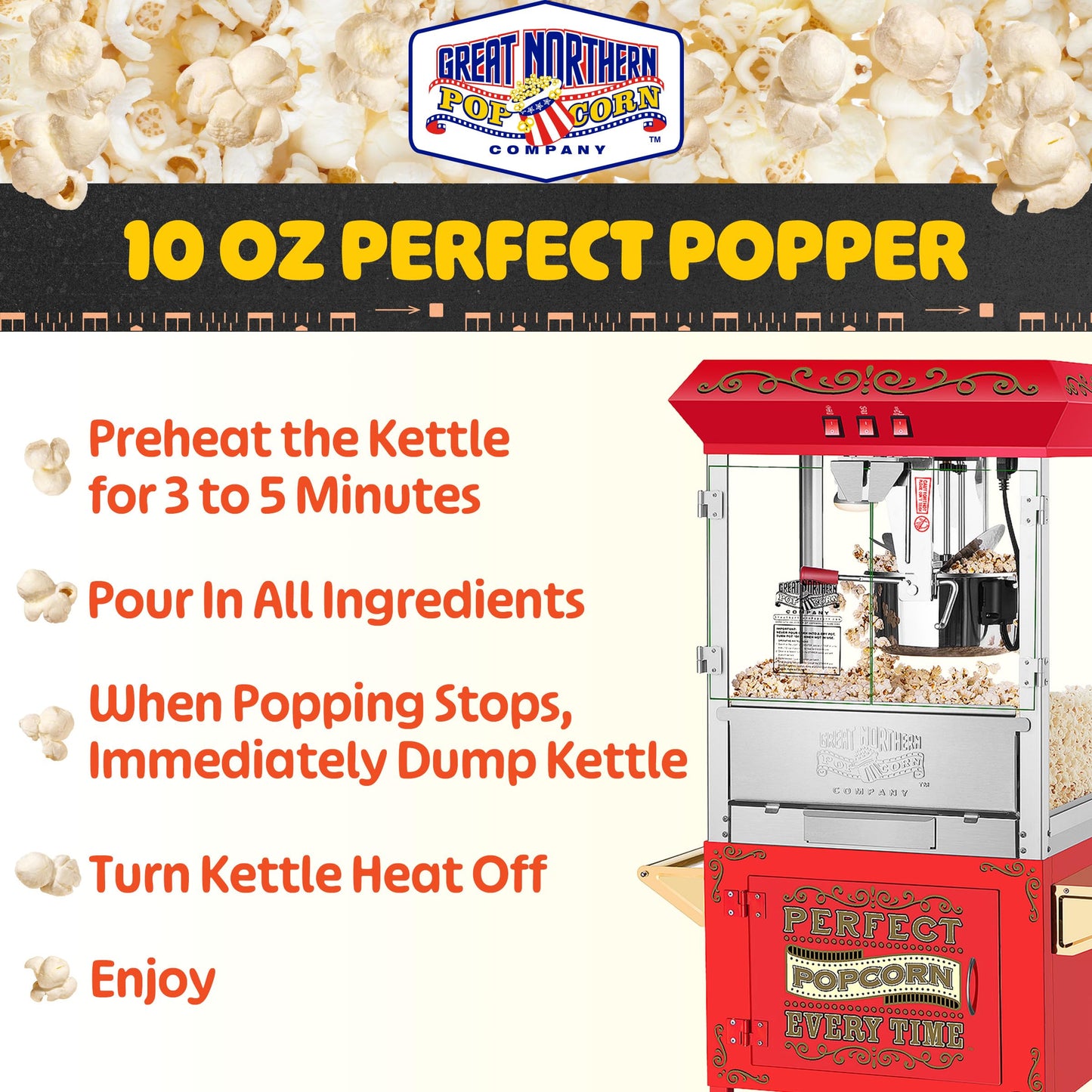 Great Northern Popcorn Company 5995 10 oz. Perfect Popper Popcorn Machine with Cart - Red (5995 GNP Red 10oz. Full)
