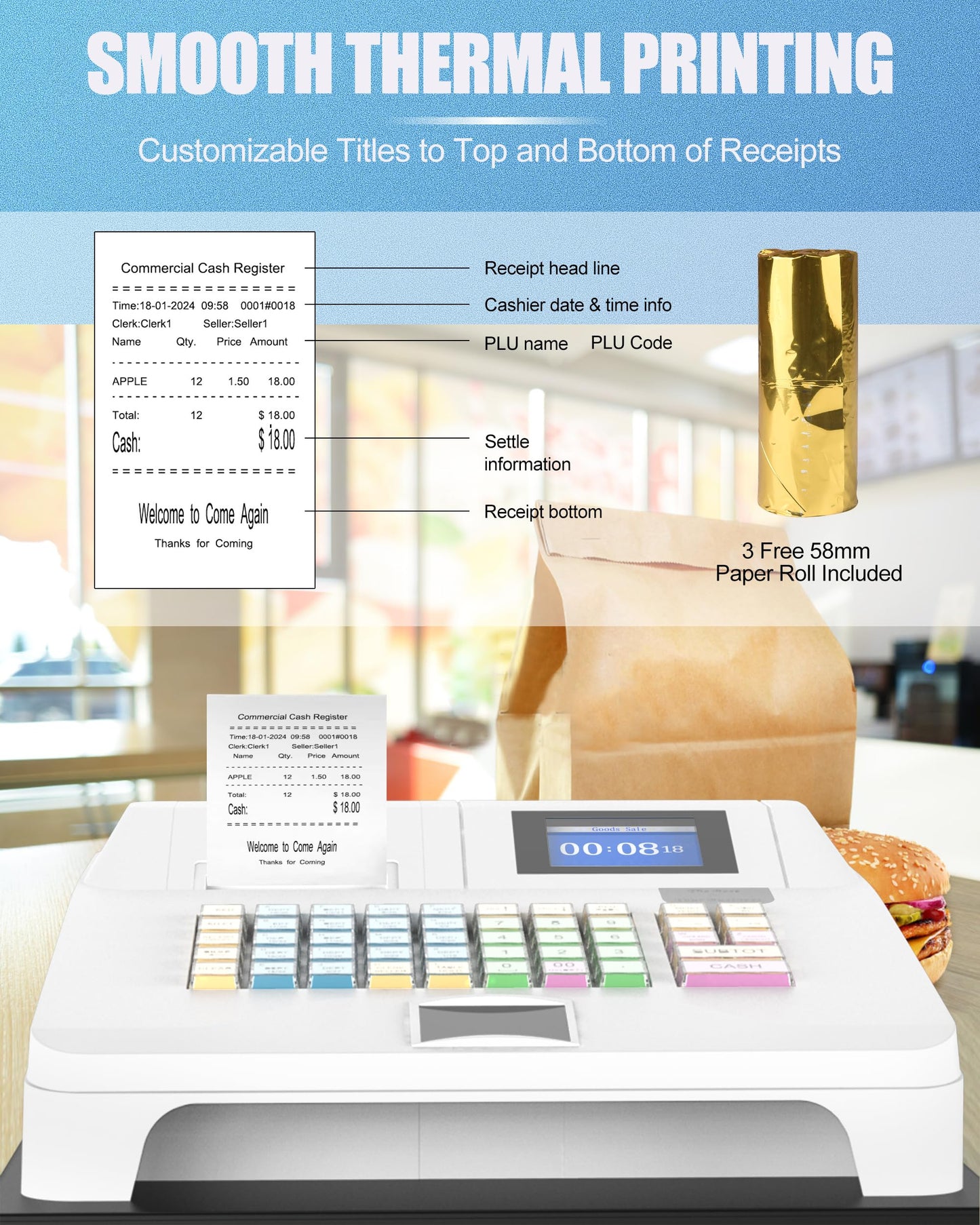 Perfiware Cash Register for Small Businesses with Scanner（HS1000）& Removable Checkport Cash Drawer,Electronic Cash Registers with Dual Display and Receipt Printer,Dust-Proof& Oil Proof