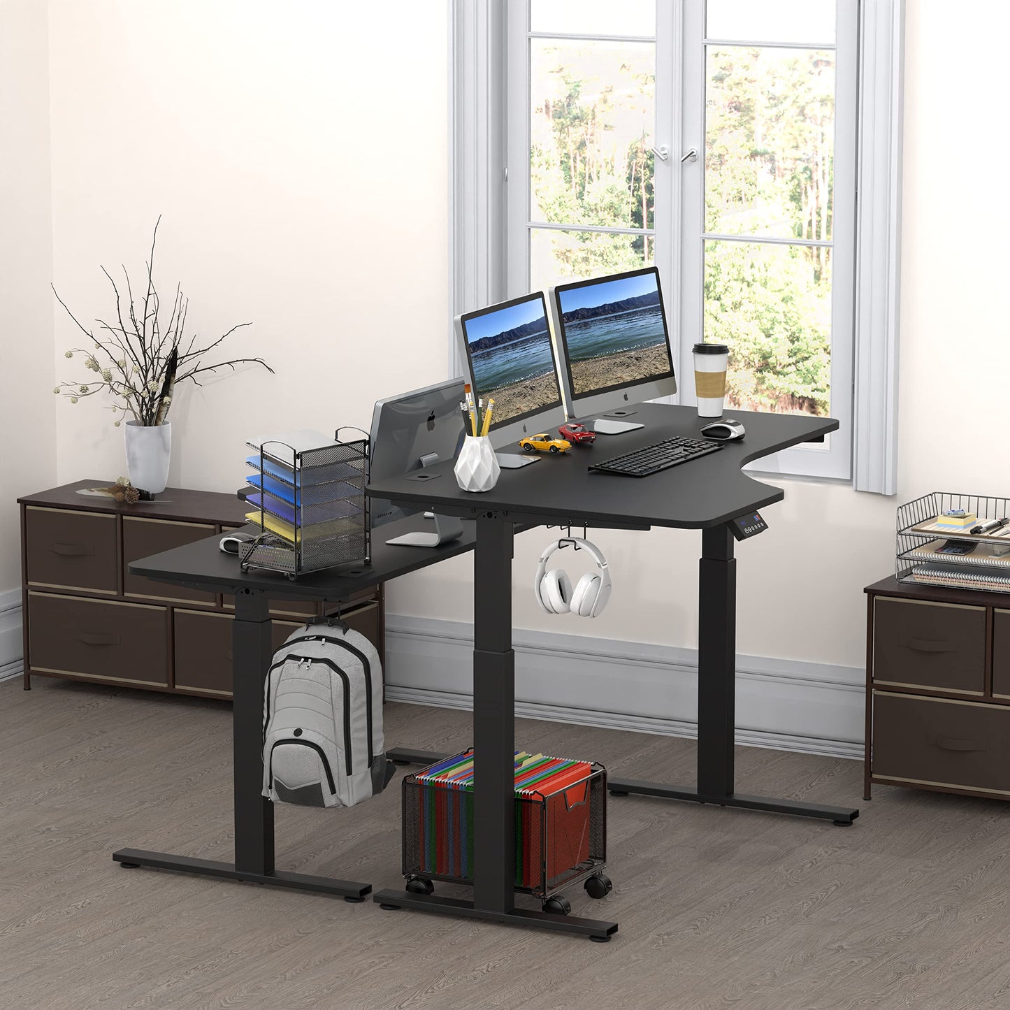 SHW 55-Inch L-Shaped Electric Height Adjustable Standing Desk with Left Facing Corner, Black