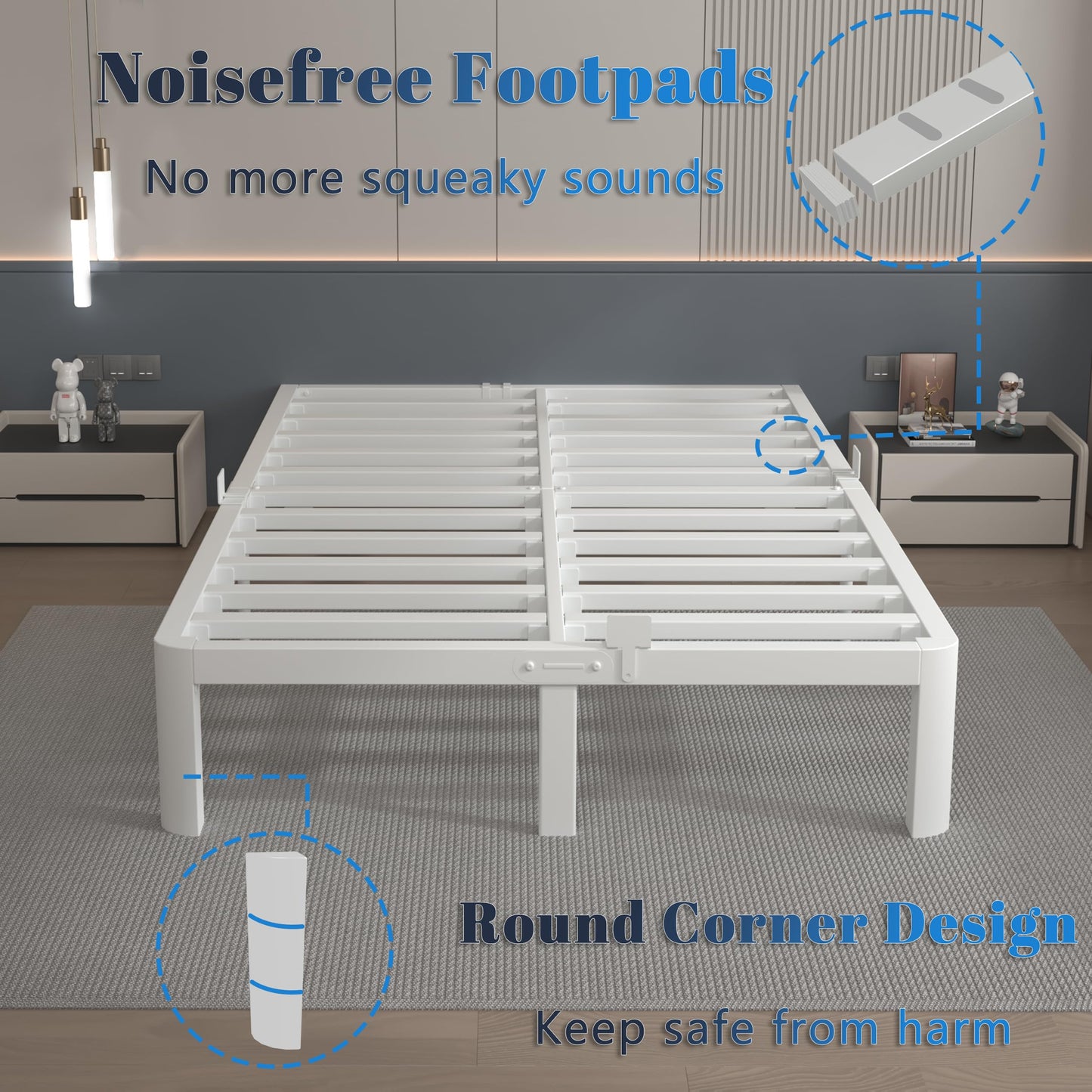 KOSOSO 12 Inch King Size Bed Frame with Metal Gaskets, White Bed Frame King Size No Box Spring Needed, Heavy Duty Steel Platform Support, Round Corner Design, Reserved Holes, Noiseless, Storage Space