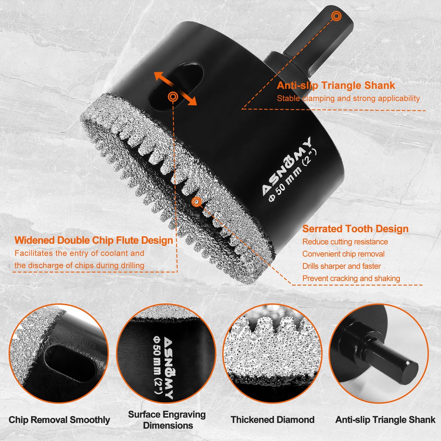 ASNOMY 10PCS Diamond Hole Saw Set, 1/4"-2" Inch Serrated Brazing Tile Hole Saw Diamond Core Drill Bits Set with EVA Mold Hole Saw Guide Jig for Porcelain Tile Glass Ceramic Stone Granite Marble