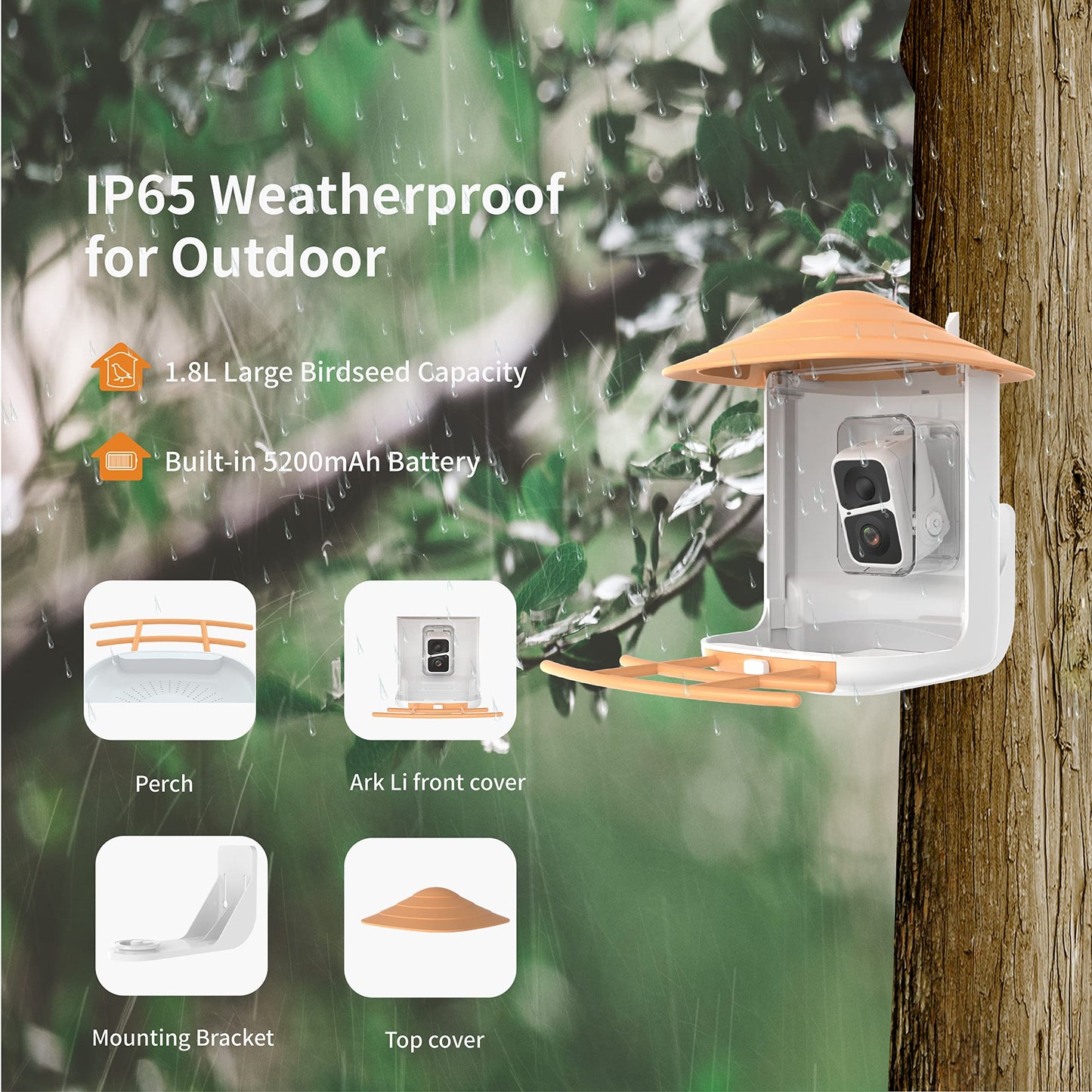 PAXI DAYA Solar Powered AI Window Bird Feeder with 2MP Camera Weatherproof Smart Outdoor Decor Metal Feeder for Birds Pack of 1 Orange