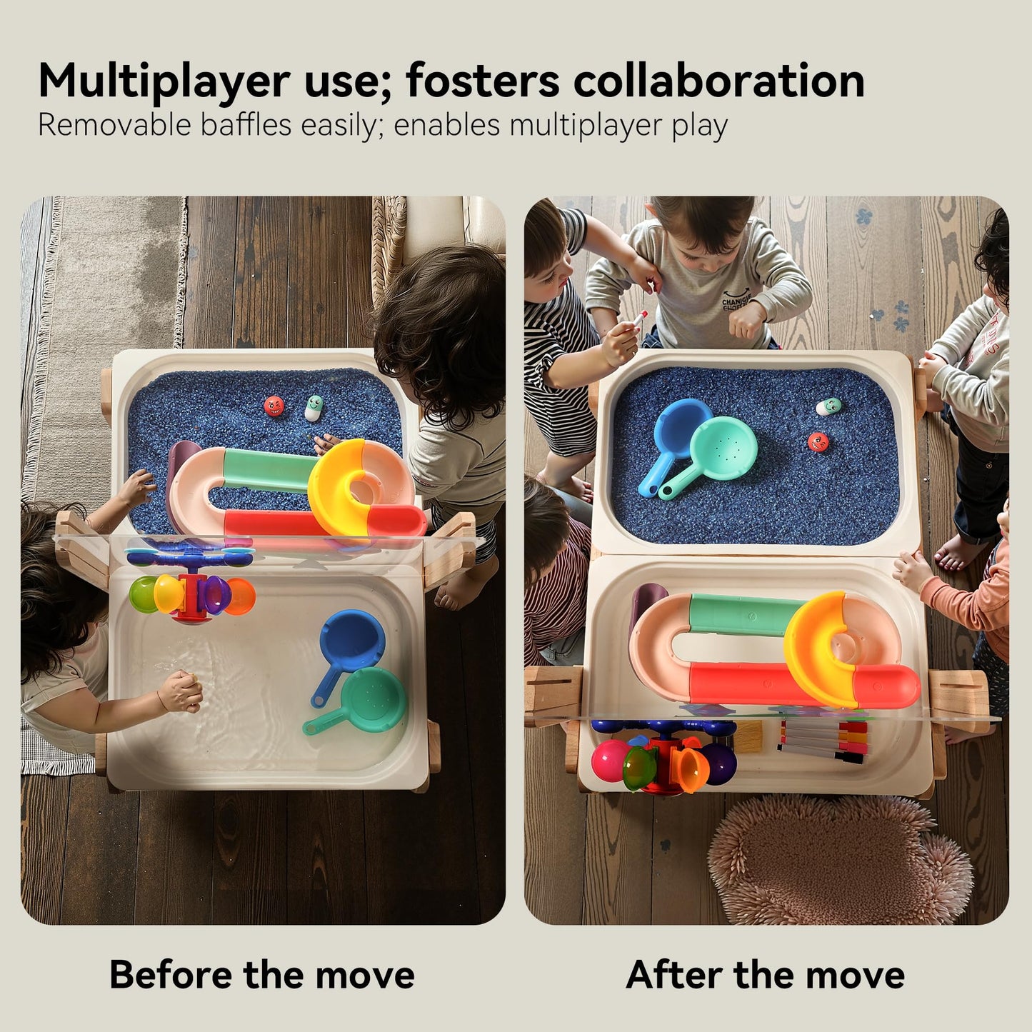 bopoobo Sand and Water Table for Toddlers, 4 in 1 Kids Wooden Sensory Activity Table with 2 Storage Bins, Painting Acrylic Board, Slide Track Toy & Windmill Suction Cups Toy, Beach Accessories