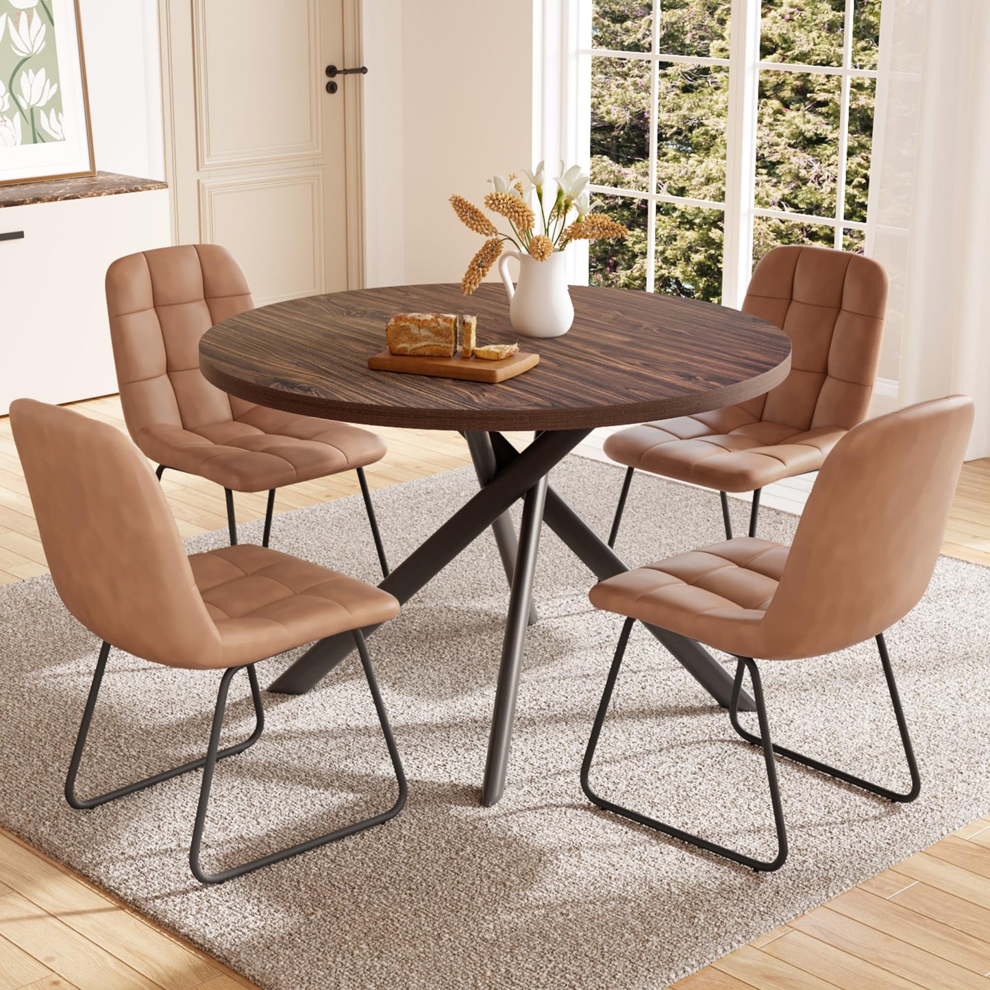 HIPIHOM 45.3 Inch Round Dining Table Set for 4, Mid Century Modern Small Coffee Set for Dining Room Kitchen Apartment (Dark Walnut Table + 4 U-Shaped Brown Chairs)