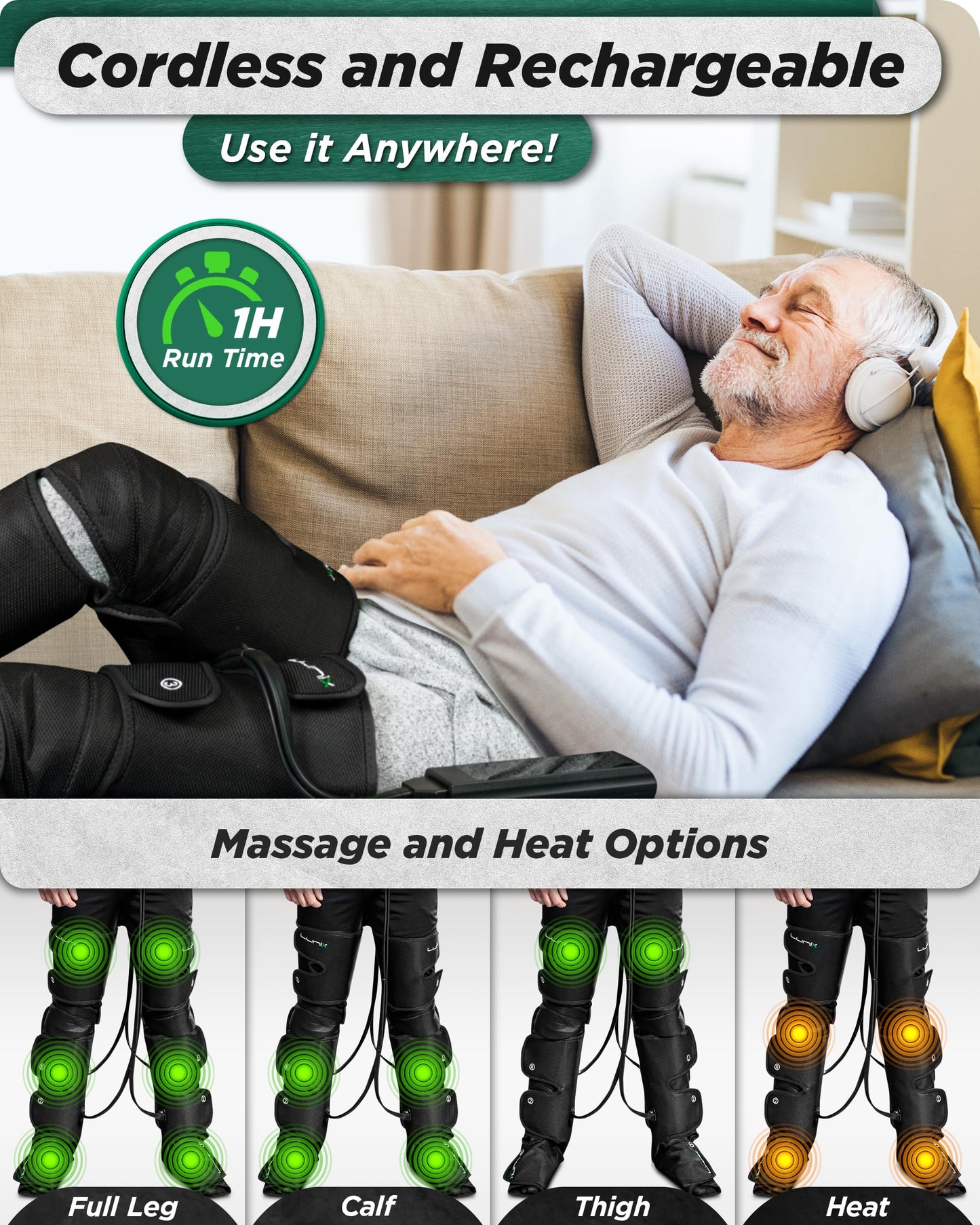 Lunix LX10 Full Leg Massager with Heat & Air Compression, Foot Calf and Thigh Massage Boots for Everyday Recovery, Adjustable Fit, Cold Therapy Option, Handheld Controller, Charcoal Black