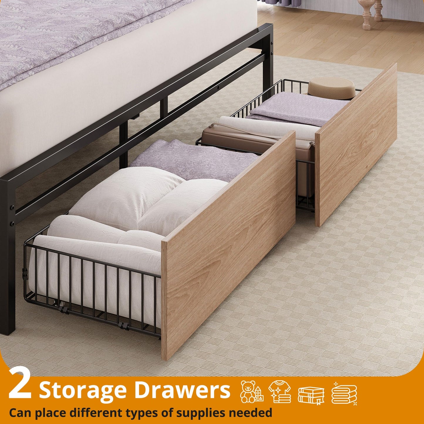 LIKIMIO Queen Size Bed Frame, Storage Headboard with Charging Station, Platform Bed with Drawers, No Box Spring Needed, Easy Assembly, Wood and Cream