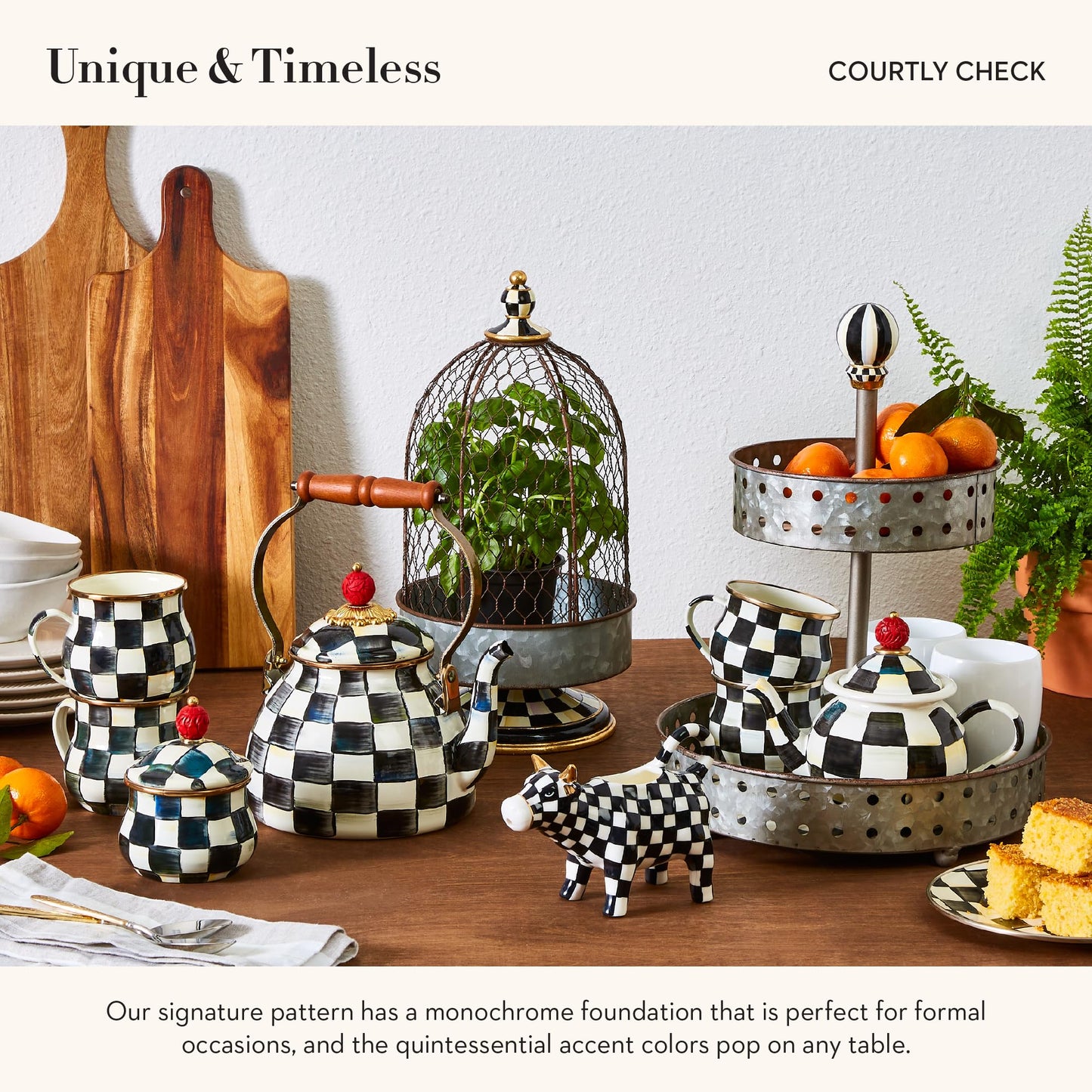 MACKENZIE-CHILDS Enamel Creamer and Sugar-Bowl Set, Cream Dispenser and Sugar Holder, Unique Kitchen Decor, Black-and-White Courtly Check